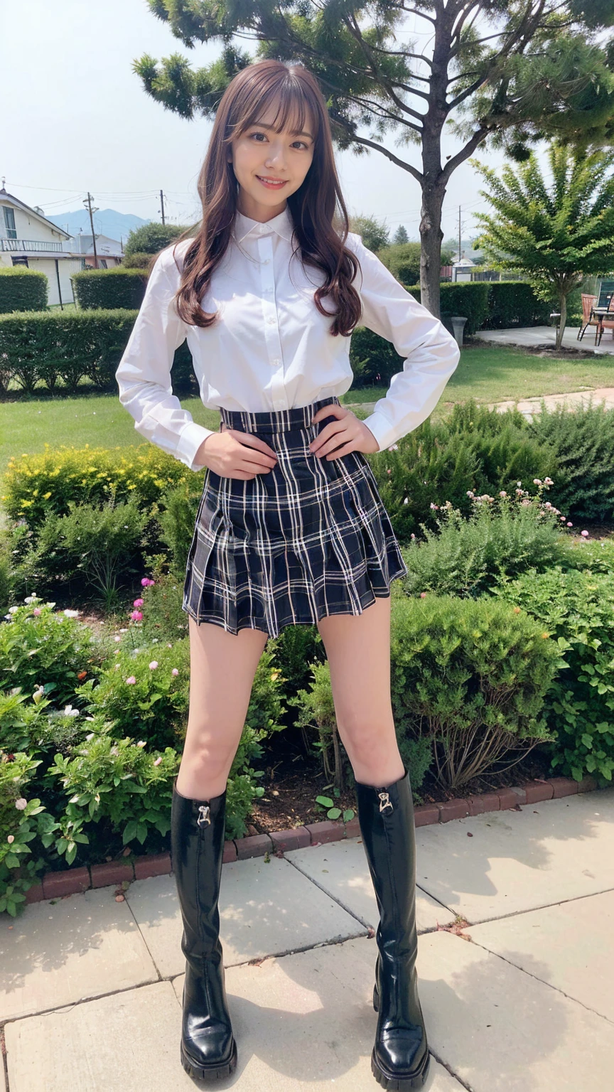 (8k、RAW Photos、Highest quality、masterpiece:1.2)、(Realistic、Realistic)、1 Girl、((shirt、suit、Black Check Mini Skirt、Frilledium Hair、smile、whole body、boots、garden、View from the front、Looking at the camera、Hands on your hips))、cute