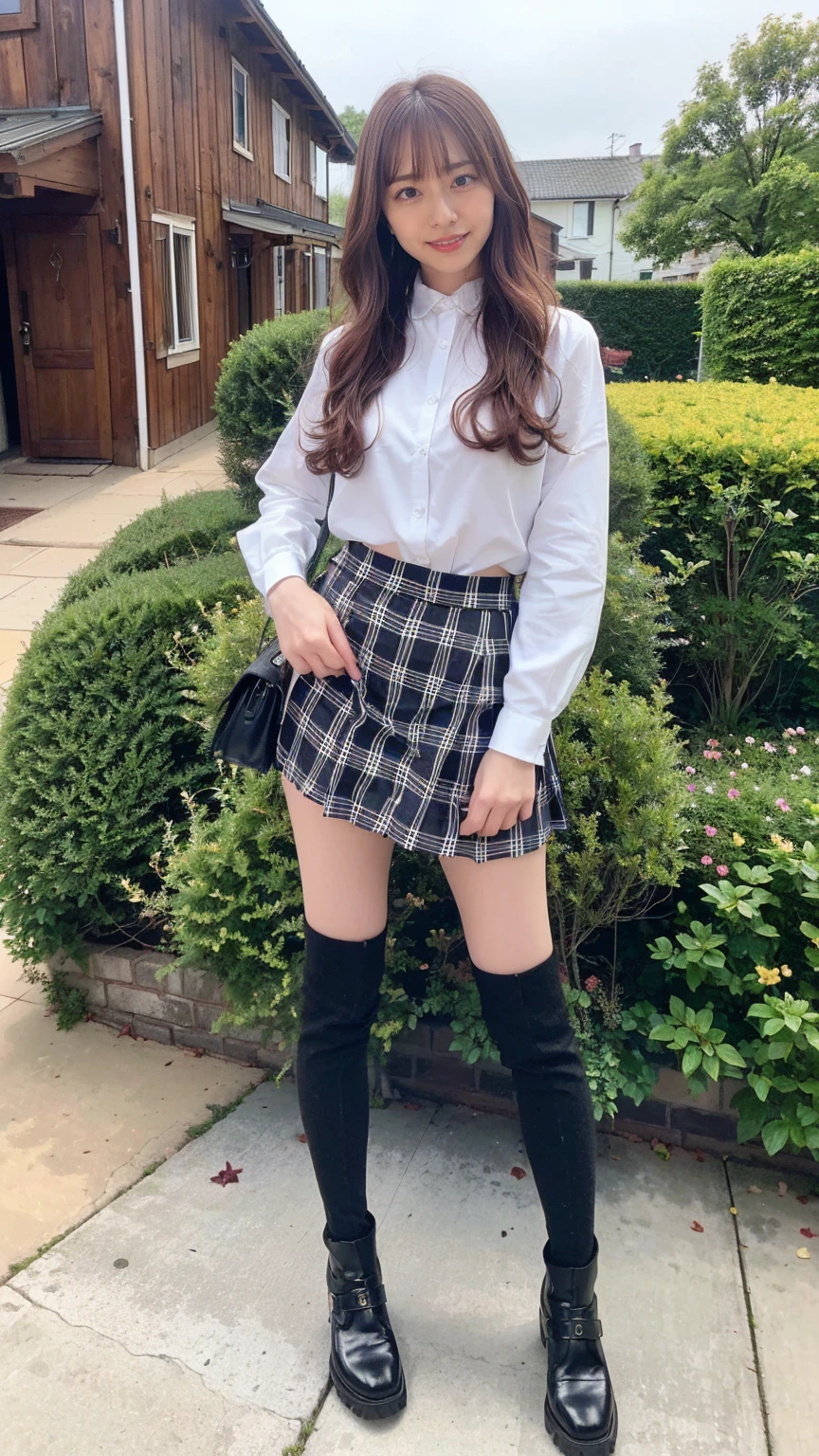 (8k、RAW Photos、Highest quality、masterpiece:1.2)、(Realistic、Realistic)、1 Girl、((shirt、suit、Black Check Mini Skirt、Frilledium Hair、smile、whole body、boots、garden、View from the front、Looking at the camera、Hands on your hips))、cute