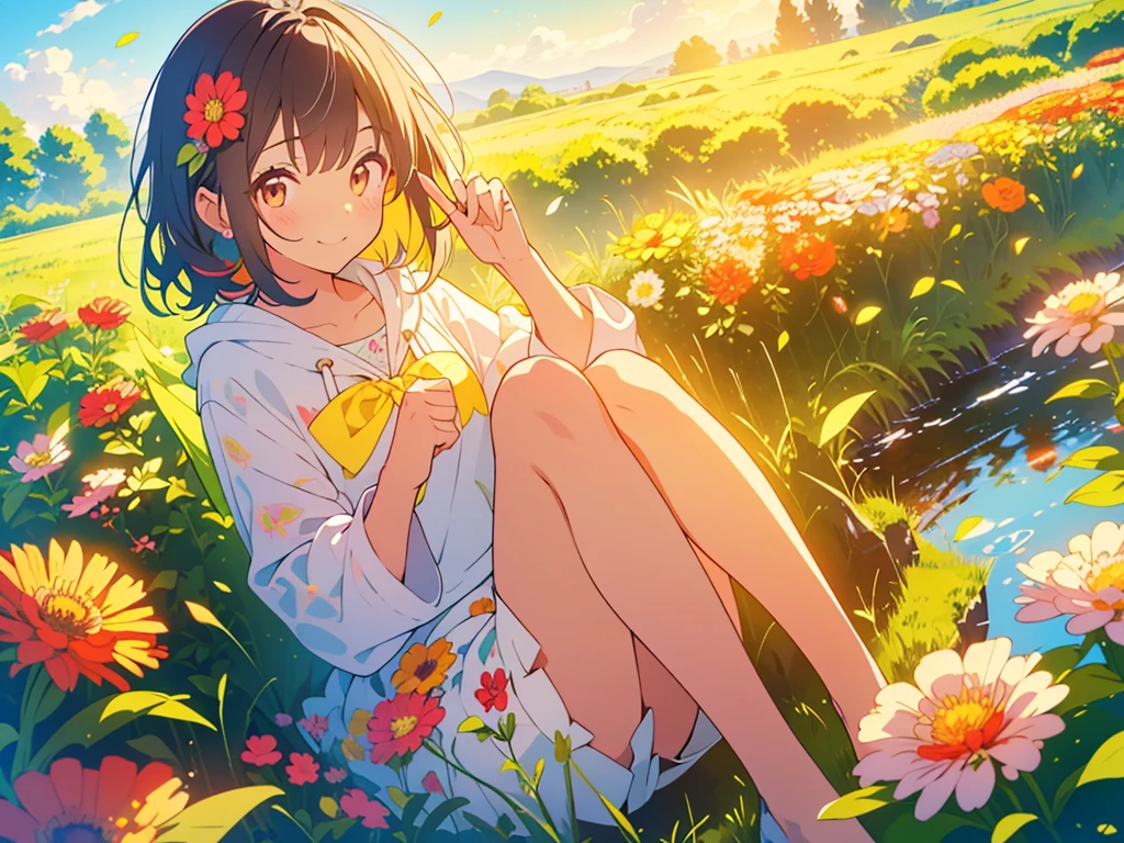 kawaii, anime, Cute, hyper quality, highly detailed, 8k, Clarity, Draw facial expressions in detail, A girl with long dark brown hair winks, peace sign, colorful zinnia flower field, highlight on eyes, throw both hands up, smile, clear sky, The wind passes through, Flowers waving in the wind, Colorful zinnia petals dance in the sky, Flower shower of zinnia petals, Sit with one leg extended and your knees raised, There is a diary nearby, flower shower, red zinnia, yellow zinnia, white zinnia, pink zinnia, wearing a short-sleeved hoodie, skirt, aerial view, sit, The expression is a wink, A cluster of colorful zinnias grows, The flowers are wet with morning dew and shine, A bird flaps its wings in the sky, Thank you for waving, The color of the open eyes is green, upward glance, wave one's hands, peace sign,