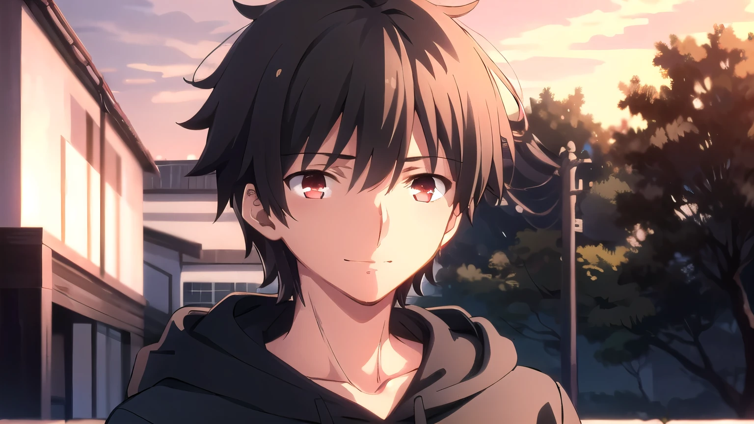 solo,1femboy, skinny, femboy,  A gloomy appearance,innocent smile,very short hair, short cut hair, black hair, red eyes,messy hair, bangs, messy bangs, cowlick, black hoodie, upper body, theme dark, sunset background