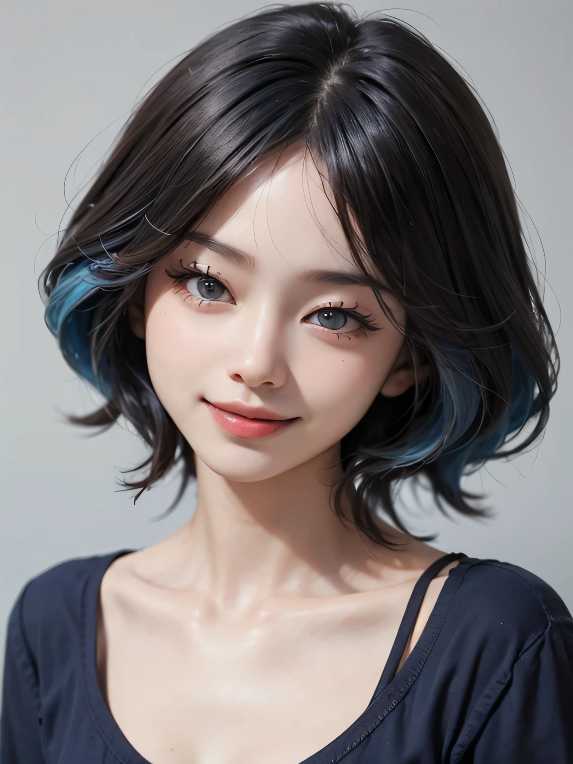 ((best quality)), ((masterpiece)), (detailed), perfect face. Asian girl. Smile. Blue hair. Blank T-shirt. Small breast. 