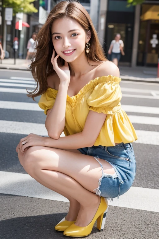 Hyper rialistic photography,Tabletop, Highest quality, figure, Very detailed, In detail, High resolution, 8k wallpaper, Perfect dynamic composition, Beautiful attention to detail, looking at viewer, full body , yellow top, jean shorts and red high heels,,Dark brown Medium Hair, Natural color lip, Random sexy poses, puffy eyes, sparkling brown eyes, (drooping eyes:1.4), (smile:1.2), happy, open mouth,,Aoyama Street Walk、22YO,beautiful girl,