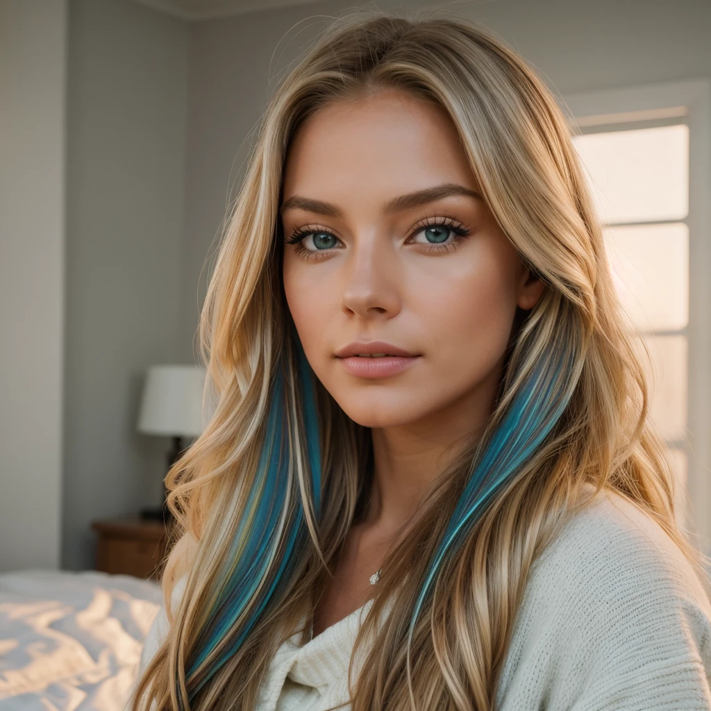 proFessional portrait photograph oF a gorgeous Norwegian girl in winter clothing with long wavy blonde hair, sultry Flirty look, gorgeous symmetrical Face, linda maquiagem natural, usando biquíni,na cama, ultra realistic, arte conceitual, elegante, Altamente detalhado, Intrincado, sharp Focus, depth oF Field, F/1. 8, 85mm, tiro médio, meio do tiro, (((proFessionally color graded))), bright soFt diFFused light, (volumetric Fog), tendências no instagram, hd 4k, 8K