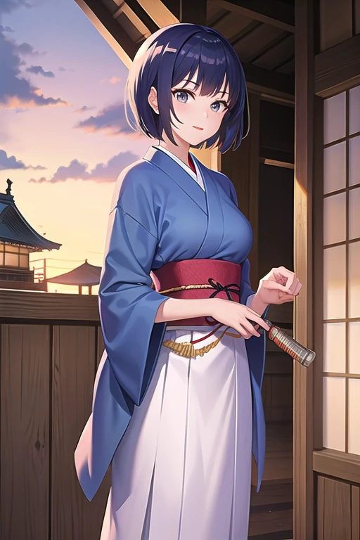 beautiful short-haired swordsman woman, Japanese style clothing, Japanese traditional clothing style, sunset