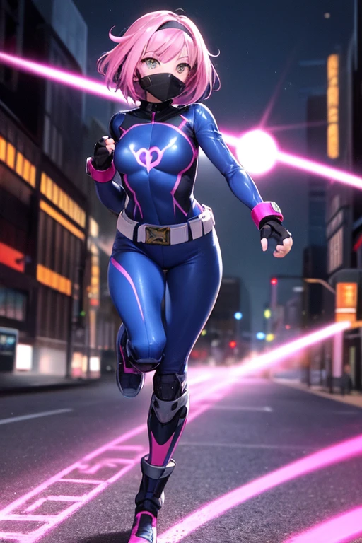 ((best quality)), ((masterpiece)), (detailed), 1 girl, full body, 20s, young adult, masked, black mask covering her entire head, smooth head, biker helmet, biker helmet with blue headphones on the sides, flashlight on her forehead, short pink hair coming out of her helmet, face, black collar, tall, slim, athletic, circles on her wrists, pink details, black fingerless gloves, pink wristbands, nanotech speedster suit that resembles light armor, blue chest with an emblem, blue chest, black suit with pink lines, pink speed emblem on her chest, pink emblem, blue pants, gray knee pads, metallic pink boots, white superhero belt, running through the city, pink light trail, laser, city background, anime