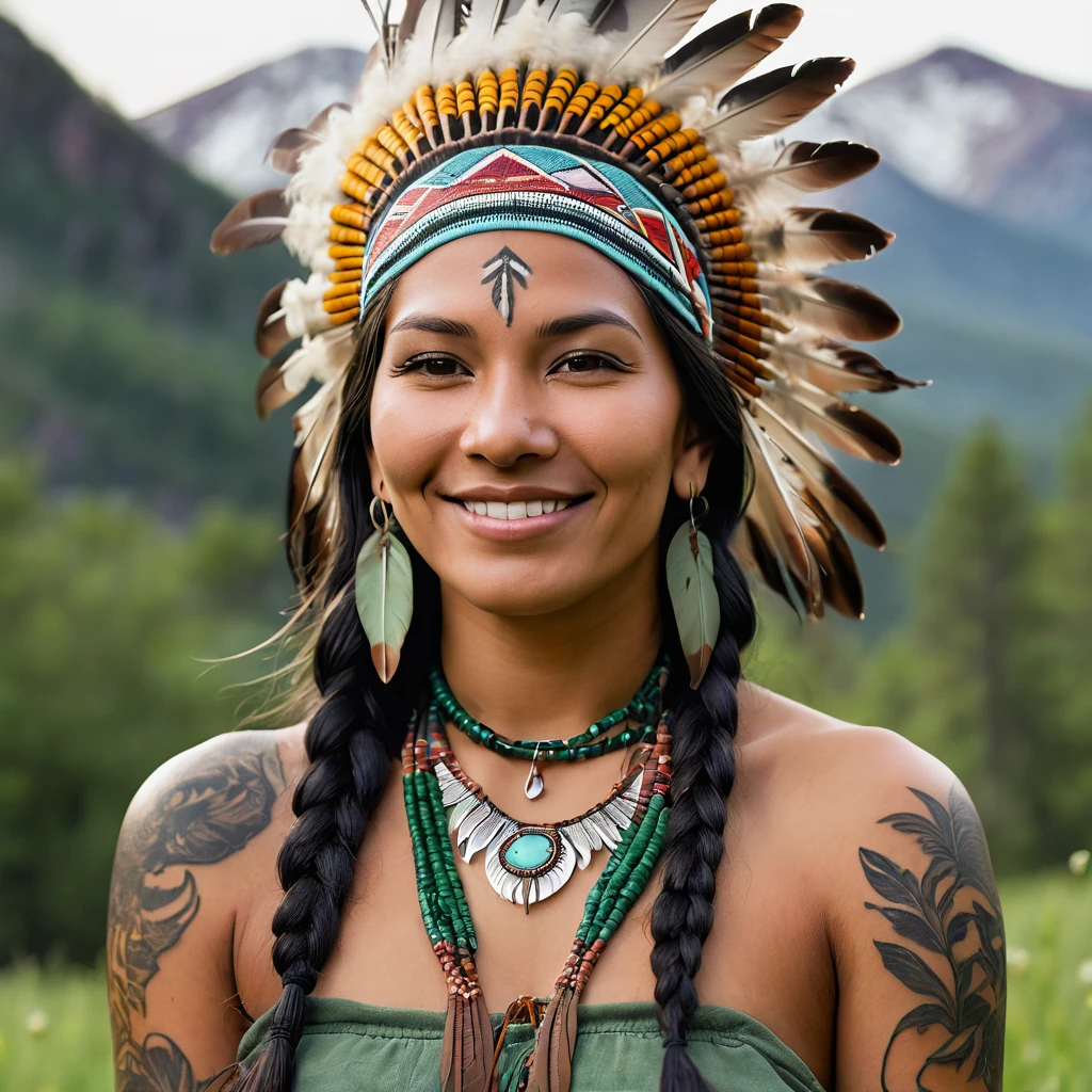 Realistic image of a beautiful Native American woman, standing next to green grass, trees, mountains, flowers smiling, half closed eyes alone, with long hair, looking at the viewer, black hair, brown eyes, jewelry, braid, earrings, dark skin, necklace, mole, dark-skinned woman, lips, tattoo, feathers, headdress, facial tattoo, Native America