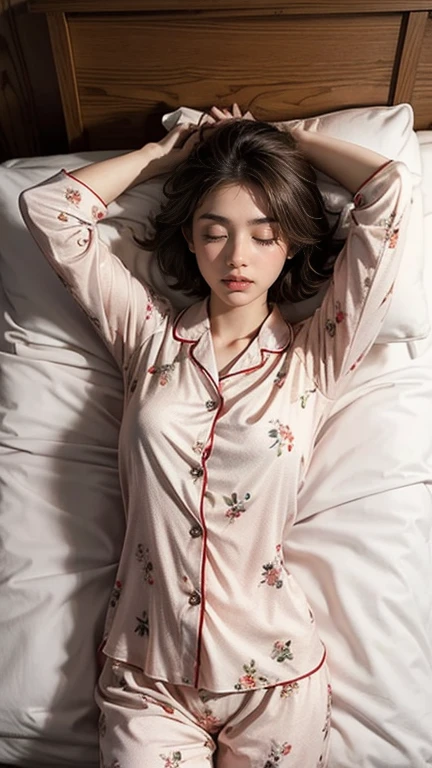 Sleeping girl, 22 years old, Realistic, She wears a short, She is wearing floral pajamas, short hair.