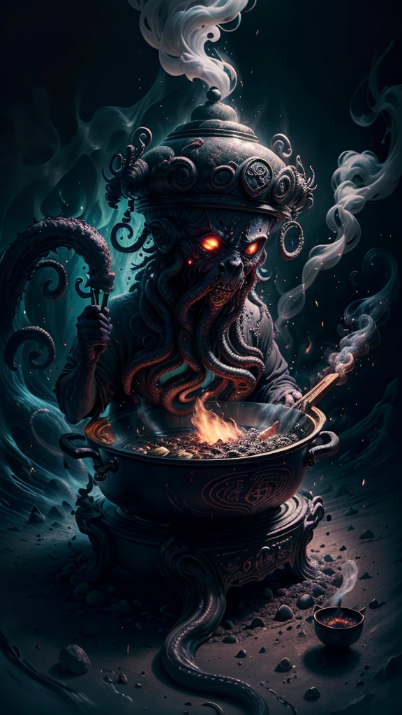(best qualityer,4K,high resolution,work of art:1.2),a close-up photo of a kitchen wok,HP.Lovecraft style,sinister atmosphere,Ancient and mysterious,engravings made in the wok,Dark and mysterious lighting,cthulhu-like tentacle handle,detailed and worn surface,supernatural patterns in the wok,alien symbols and runes,ancient writings and incantations,powerful arcane energy emanating from the wok,otherworldly smoke rising from the wok,scary and disturbing shadows,supernatural colors,unearthly glow illuminating the scene,forbidden secrets hidden inside the wok,voices whispering in the background,forbidden knowledge waiting to be revealed.