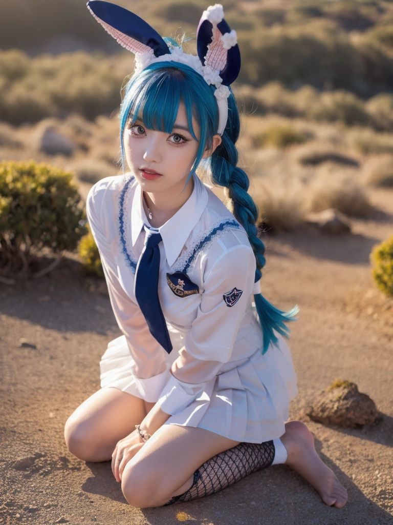 Goddess, Hatsune Miku, Gradient Eyes, Watery Big Eyes, Colored Eyelashes, Beautiful Eyes, Lipstick, Cat Mouth, Rabbit Ears, Angry, Hair Over the Shoulder, Blue Hair, Asymmetric Bangs, Double Braids, Lolita Hair Accessories, Hairpins, Stud Earrings, Colars, Rings, Pendants, Brooches, Corsages, Ribbons, JK Uniforms, Fishnet Socks, Butterfly Wings, Legs Entwined, Ten Fingers Interlocked, Staddling, Library, Bust, Delicate Facial Features, Perfect Face, , Multiple Girls, Student, Short Eyebrows, Watery Big Eyes, Chestnut Mouth, Lipstick, Animal ears, annoyances, long hair, blue hair, crossed bangs, messy hair, Lolita hair accessories, bracelets, sapphire brooches, necklaces, nail polish, JK uniforms, pleated skirts, lace, bare feet, one-legged pantyhose, sitting sideways, learning to bark, tied to a cross, hands on someone else's waist, dusk, hills, desert, wasteland, atmospheric light, Tyndall effect, natural light  