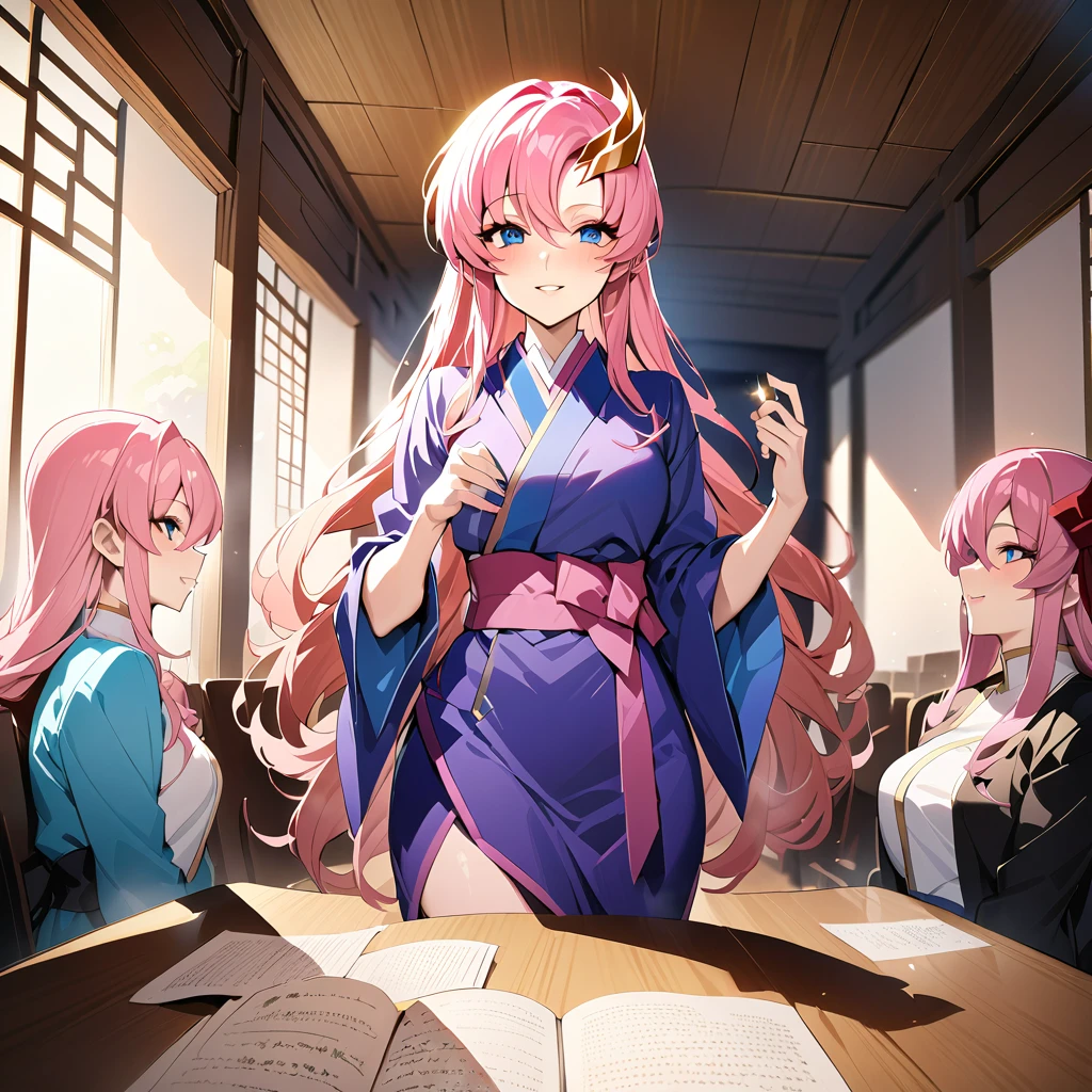 ((Highest quality)), ((masterpiece)), (detailed), (Perfect Face)、The woman is Lacus Clyne, with blue eyes, medium-long pink hair, a hair accessory, and an engagement ring.、The woman is a devout follower of a mysterious religious group, serves the guru, and attends meetings of the followers.