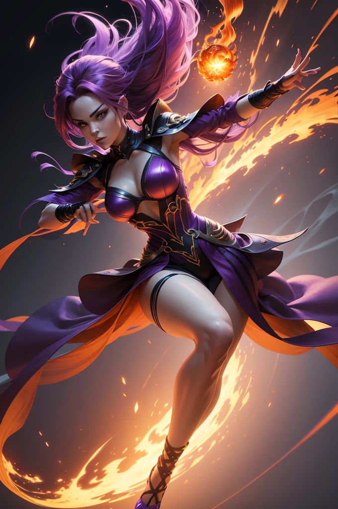 This image features a stylized, three-dimensional render of a character with long, purple fire hair and a dynamic costume. fire sphere around. The character is captured in a dynamic pose, suggesting movement, and is set against a simple gray gradient background. The overall mood is vibrant and lively.