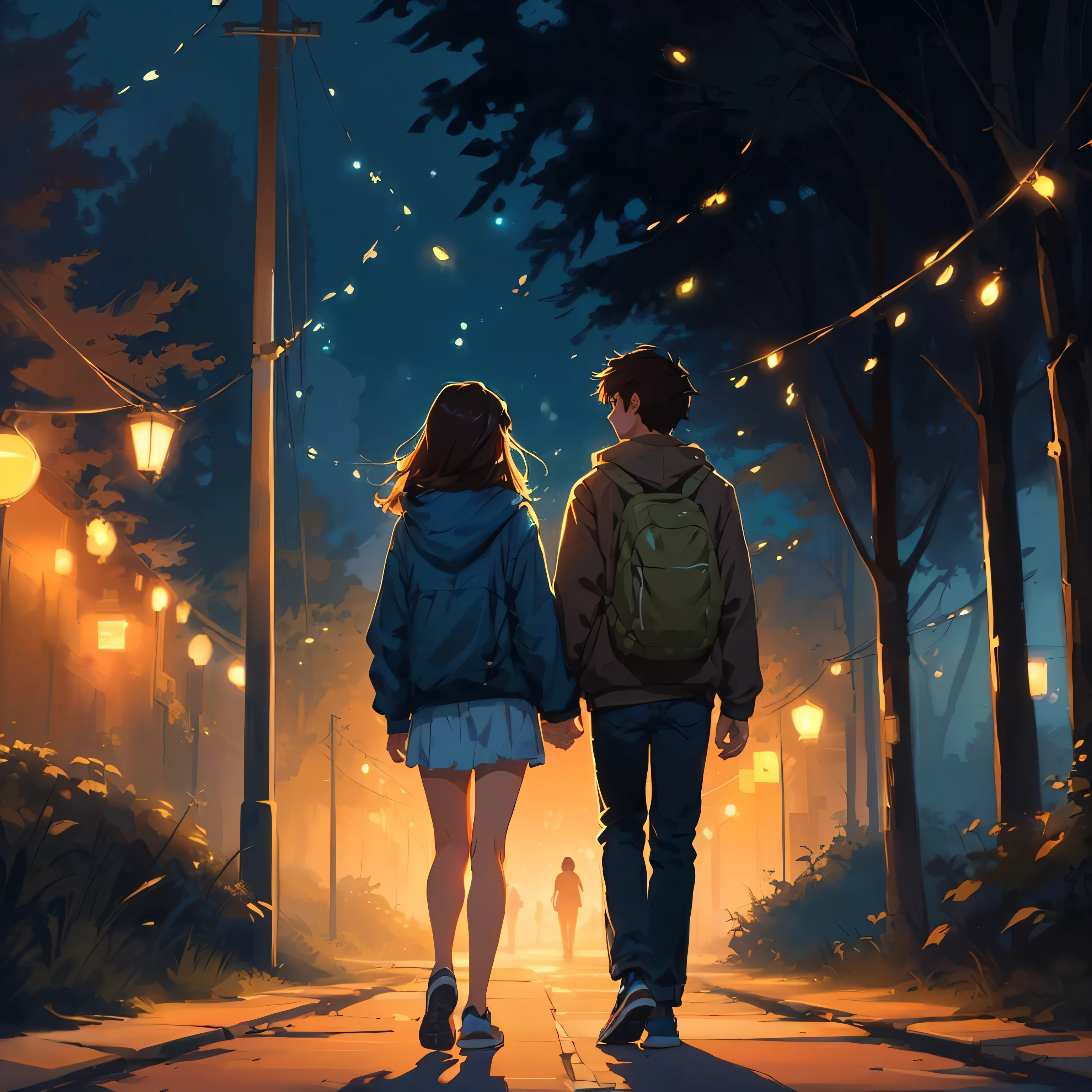 two people walking down a street at night with the lights on, background illustrations, makoto shinkai cyril rolando, Walking together, Cyril Rolando and Goro Fujita, inspired by Cyril Rolando, In the style of Cyril Rolando, Lofi Style, Lofi Stylestyle, in the style of atey ghailan, by Cyril Rolando, by Alena Aenami