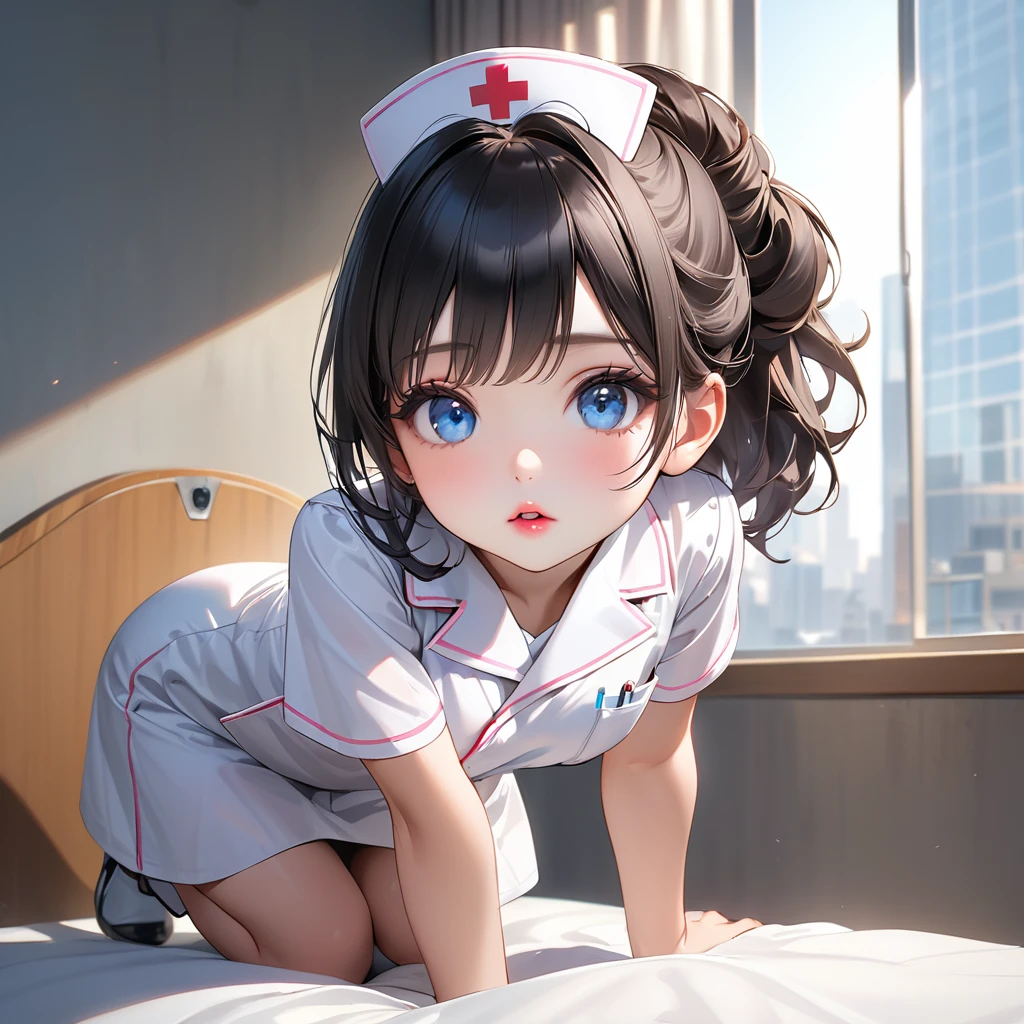 Highest quality, masterpiece, Ultra-high resolution, Realistic:1.2, RAW Photos, Intricate details, Portraiture, Big beautiful blue eyes:1.2, Perfect contours, Girl, break ((full body:1.2)), (facing viewer, upturned eyes:1.2), ((petite, short, tiny girl:1.2)), Black Hair、((half updo:1.2)), (makeup:1.2, parted mouth, full lips:1.3, pink lips:1.2, shiny lips:1.2), ((Top-class nurse:1.2)), (Luxurious, shiny, pure white nurse uniform), break Trying to take blood pressure:1.2、 (The background is a hospital room:1.2、The morning light is shining through the window and it's dazzling.)、