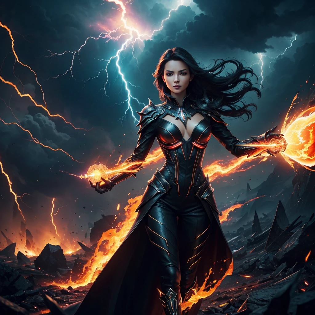 A incredibly stunning gorgeous lady stepping our of a fiery black energy rift surrounded by a bolt of lightning that seems to be locked into place, flawlessly rendered, in highest resolution possibly and in immaculate detail, perfectly focused and with crystal clear clarity, slender, gorgeous, full of fantasy background in amazing colors, hdr, amoled, photo realistic, raw photo