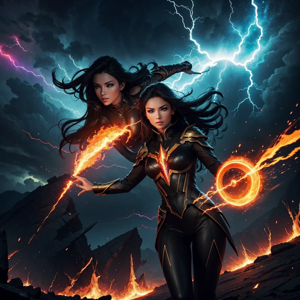 A incredibly stunning gorgeous lady stepping our of a fiery black energy rift surrounded by a bolt of lightning that seems to be locked into place, flawlessly rendered, in highest resolution possibly and in immaculate detail, perfectly focused and with crystal clear clarity, slender, gorgeous, full of fantasy background in amazing colors, hdr, amoled, photo realistic, raw photo