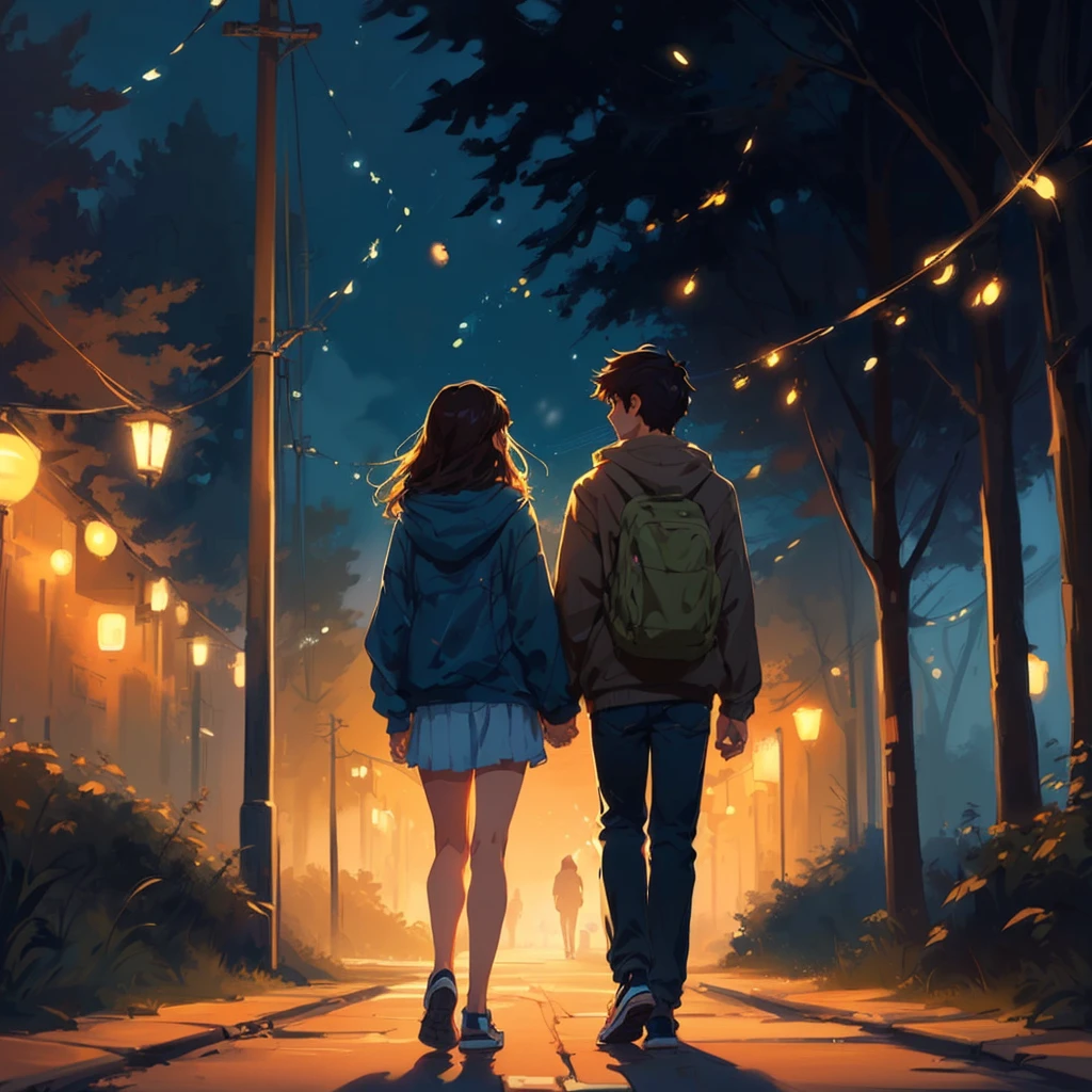 two people walking down a street at night with the lights on, background illustrations, makoto shinkai cyril rolando, Walking together, Cyril Rolando and Goro Fujita, inspired by Cyril Rolando, In the style of Cyril Rolando, Lofi Style, Lofi Stylestyle, in the style of atey ghailan, by Cyril Rolando, by Alena Aenami