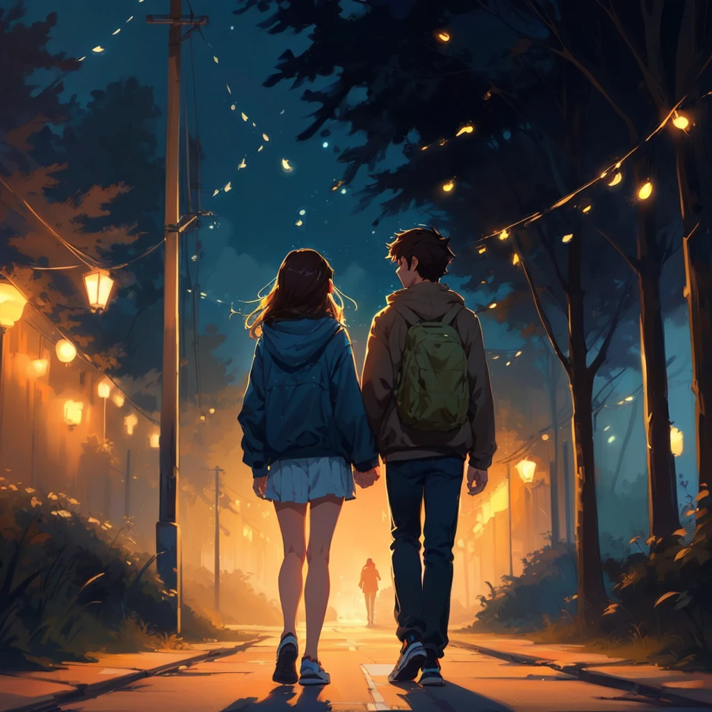 two people walking down a street at night with the lights on, background illustrations, makoto shinkai cyril rolando, Walking together, Cyril Rolando and Goro Fujita, inspired by Cyril Rolando, In the style of Cyril Rolando, Lofi Style, Lofi Stylestyle, in the style of atey ghailan, by Cyril Rolando, by Alena Aenami
