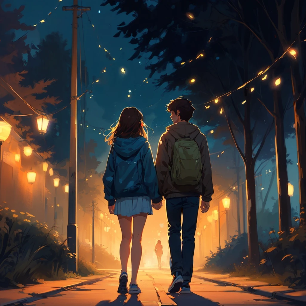 two people walking down a street at night with the lights on, background illustrations, makoto shinkai cyril rolando, Walking together, Cyril Rolando and Goro Fujita, inspired by Cyril Rolando, In the style of Cyril Rolando, Lofi Style, Lofi Stylestyle, in the style of atey ghailan, by Cyril Rolando, by Alena Aenami