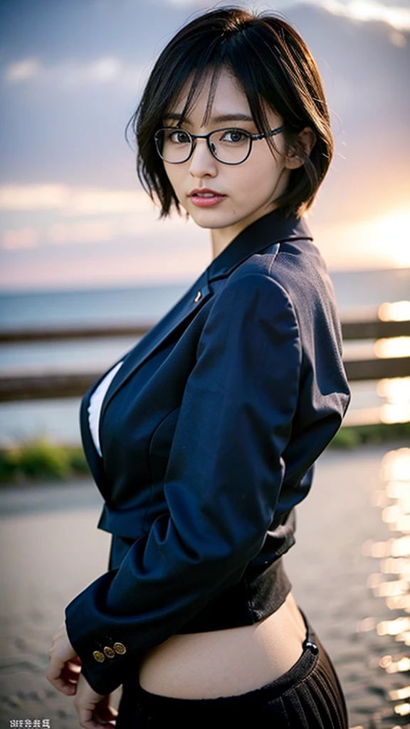 RAW photo, 1 girl, incredibly absurd, 30 years old, beautiful girl, (cute), (short hair), photo shoot, realistic, Depth of the bounds written, High resolution, Super detailed, delicate, very detailed, highly detailed eyes and face, sharp pupils, Realistic Office Lady, sharp focus, LED lighting, Eye and face details, (velvet blazer), mini skirt, cowboy shot full body, (stick out one's buttocks:1.2),  (wind lift:1.6), cameltoe, lace micro underwear, stare, (Big breasts that are about to burst), Close-up, perfect body, (Buck view), sunset, intelligent glasses