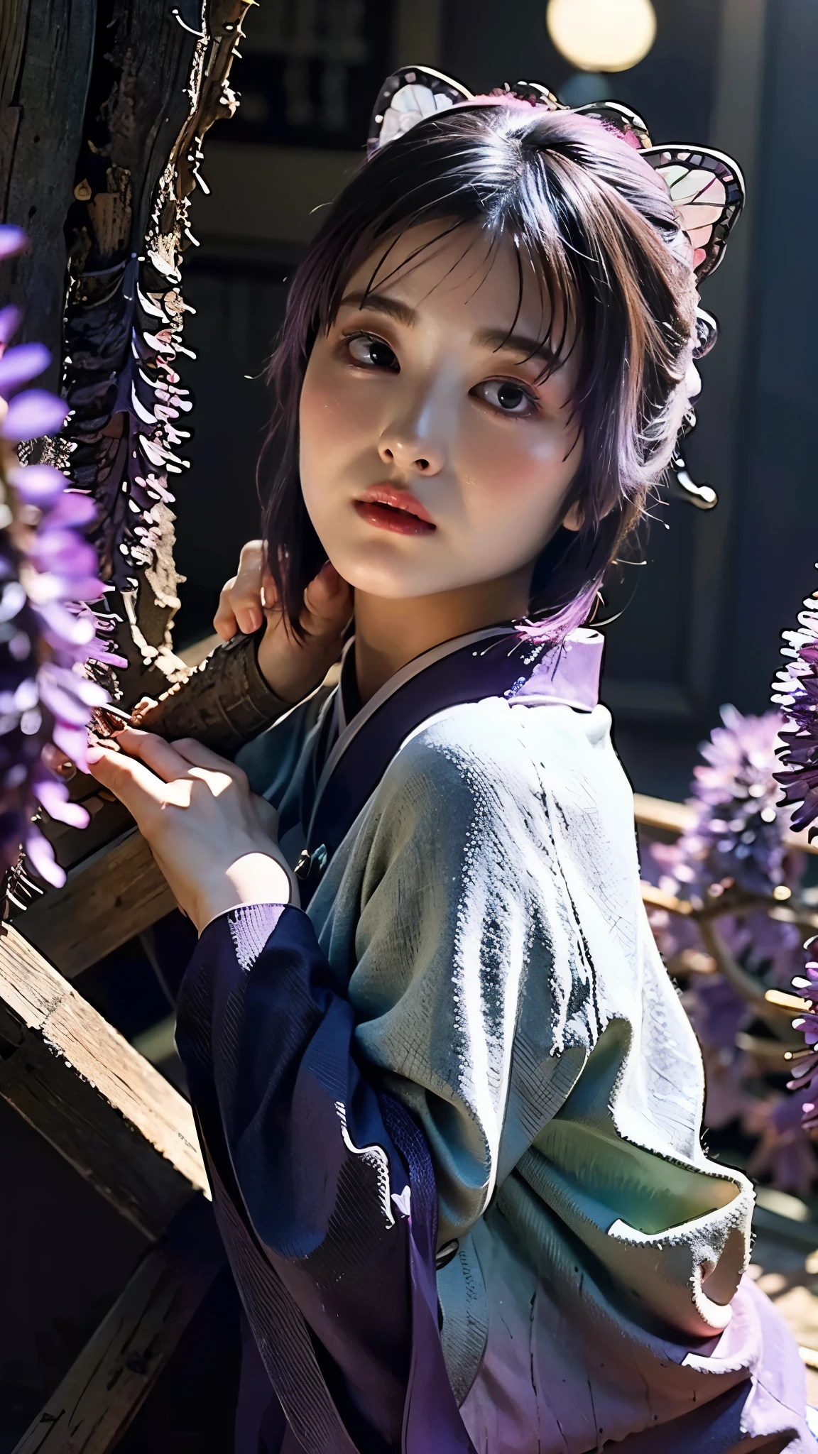 Moisturized skin, (purple eyes: 1.4), perfect body, (adult female body), embarrassed expression, shy, ((shy)), does not make eye contact, ((smiling)),
BREAK,
,bright red lipstick,
BREAK,
(long bangs at both ends: 1.2),(purple tips),
BREAK,
((masterpiece+best quality+high resolution+highly detailed)), (full body: 1.2),symmetrical, one shot,
BREAK,
(butterflies fluttering), (wind blowing),(battle stance: 1.4),((big full moon in the sky)),
BREAK,
(Kocho Shinobu: 1.3),dignified,