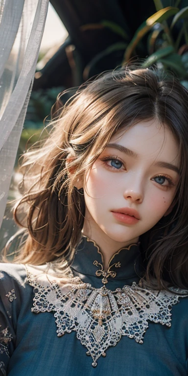 (masterpiece: 1.2, Portraiture, Highest quality), Realistic, (Live Action, Intricate details, Written boundary depth), Highest quality, masterpiece, Attention to detail, semi-Realistic,  sleeping in bed, shy, 21 years old, Short Blonde, Hair in the left eye, blue eyes, Royal dress, Slim figure、Canopy bed、 sleeping beauty