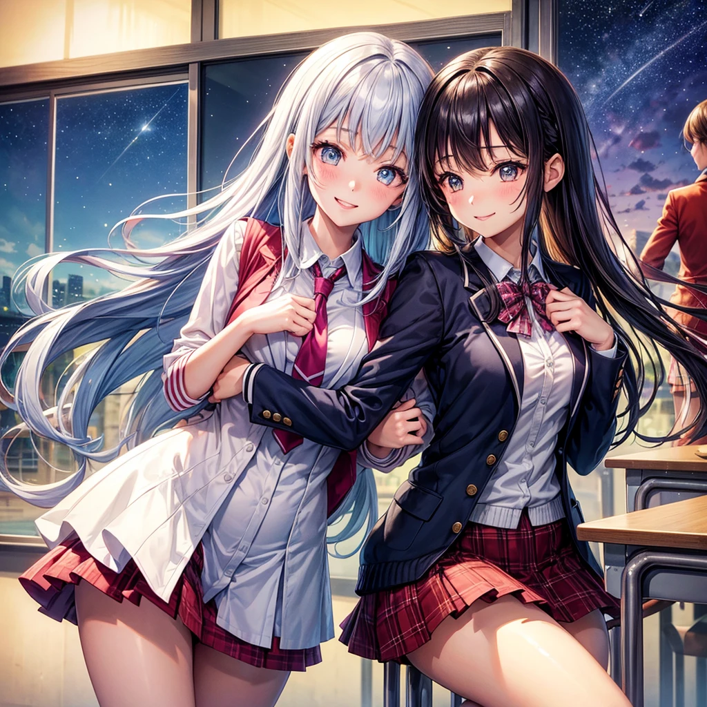 best quality,,smile,blazer,swimsuit,nepal,School,classroom,High-dimensional beautiful girl,Multidimensional beautiful girl,Several girls are depicted,They are hugging each other,Colorful,Different world,Collective of girls,JK,A girl taking off her uniform,future,Sexy and cute,New generation,futureの制服,Ribbon on uniform,Evolution of fashion,middle School girlultiple girls are depicted,harem,idol group,starry sky background,photo shoot,long hair,wearing a cardigan,beautiful girlの国,girl's paradise,highest quality,big breasts,leather jacket,happy girl,horny girl,Blue eyes,perfect face,standing position,She has her bangs down,fur jacket,Beautiful eyes,smooth hair,perfect eyes,beautiful girl,Angel,Angel Girl,multicolored hair colors,naughty girl,beautiful,High-dimensional beautiful girl,Multidimensional beautiful girl,hoodie,leather jacket,gathering,Group、,