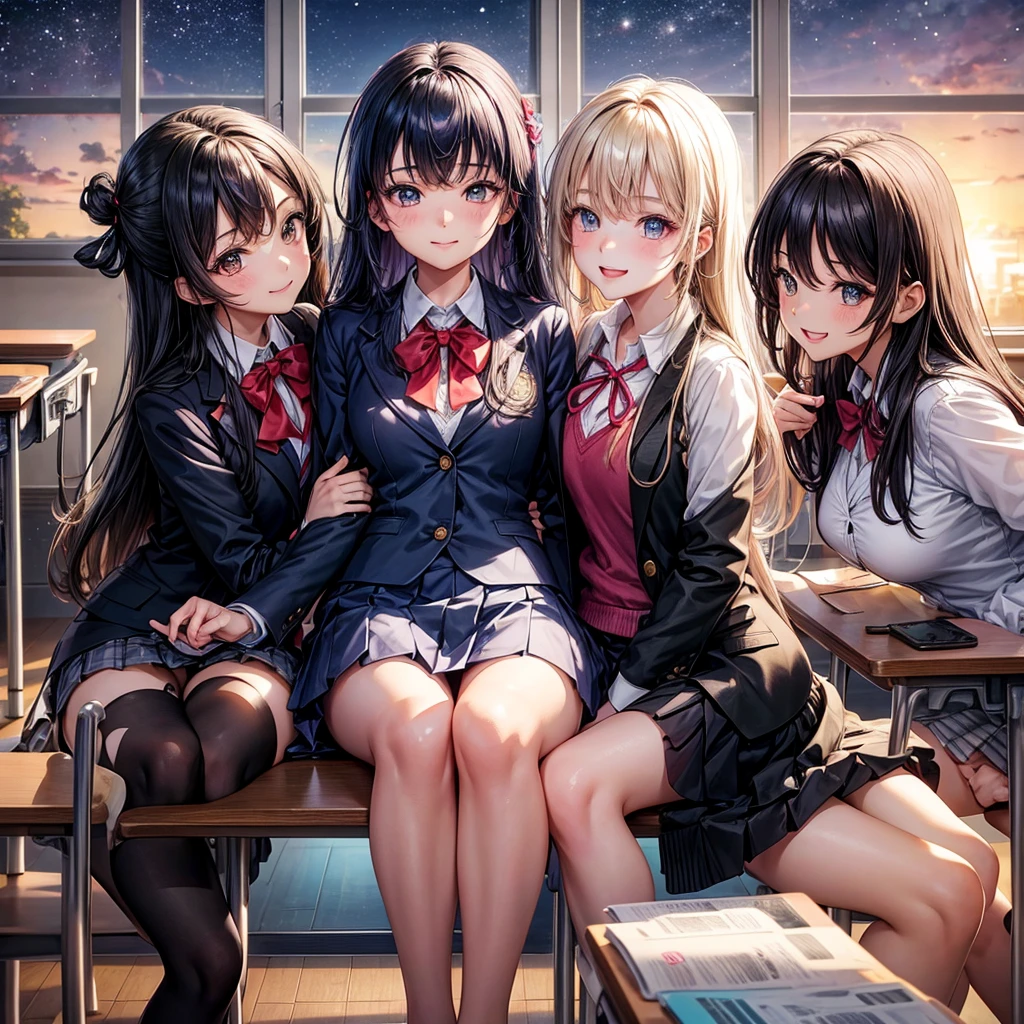 best quality,,smile,blazer,swimsuit,nepal,School,classroom,High-dimensional beautiful girl,Multidimensional beautiful girl,Several girls are depicted,They are hugging each other,Colorful,Different world,Collective of girls,JK,A girl taking off her uniform,future,Sexy and cute,New generation,futureの制服,Ribbon on uniform,Evolution of fashion,middle School girlultiple girls are depicted,harem,idol group,starry sky background,photo shoot,long hair,wearing a cardigan,beautiful girlの国,girl's paradise,highest quality,big breasts,leather jacket,happy girl,horny girl,Blue eyes,perfect face,standing position,She has her bangs down,fur jacket,Beautiful eyes,smooth hair,perfect eyes,beautiful girl,Angel,Angel Girl,multicolored hair colors,naughty girl,beautiful,High-dimensional beautiful girl,Multidimensional beautiful girl,hoodie,leather jacket,gathering,Group、,