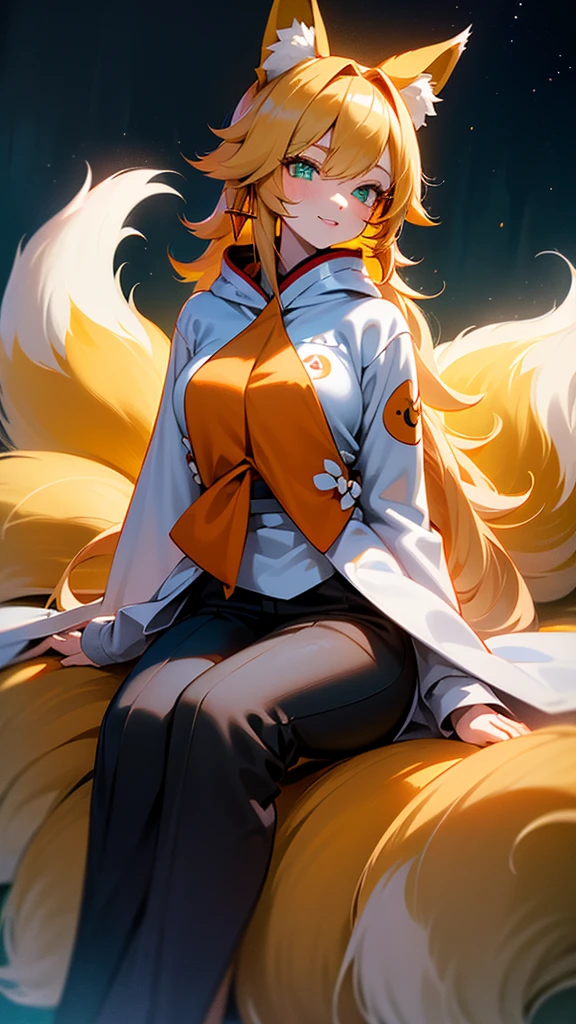 ((1girl, fox girl, kitsune girl, fox ears, animal ear fluff, fox tails, fluffy tails, large tails, nine tails, [tails attached to tailbone], kyuubi, kyuubi kitsune)), long hair, blonde hair, wavy hair, messy hair, (green eyes), green eyes, starry eyes, smile, light smile, parted lips, hoodie sweatshirt, cargo pants, modestly dressed, pants fully cover legs, cute, beautiful, athletic, starry eyed, loving, light blush, clean fingers, well-formed fingers, high detail, romanticism, film lighting, ray tracing, motion rye, uhd, high detail, top quality, 8k, sitting down, safe for work
