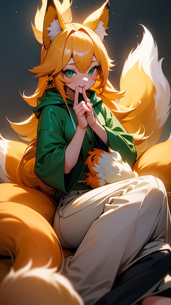 ((1girl, fox girl, kitsune girl, fox ears, animal ear fluff, fox tails, fluffy tails, large tails, nine tails, [tails attached to tailbone], kyuubi, kyuubi kitsune)), long hair, blonde hair, wavy hair, messy hair, (green eyes), green eyes, starry eyes, smile, light smile, parted lips, hoodie sweatshirt, cargo pants, modestly dressed, pants fully cover legs, cute, beautiful, athletic, starry eyed, loving, light blush, clean fingers, well-formed fingers, high detail, romanticism, film lighting, ray tracing, motion rye, uhd, high detail, top quality, 8k, sitting down, safe for work
