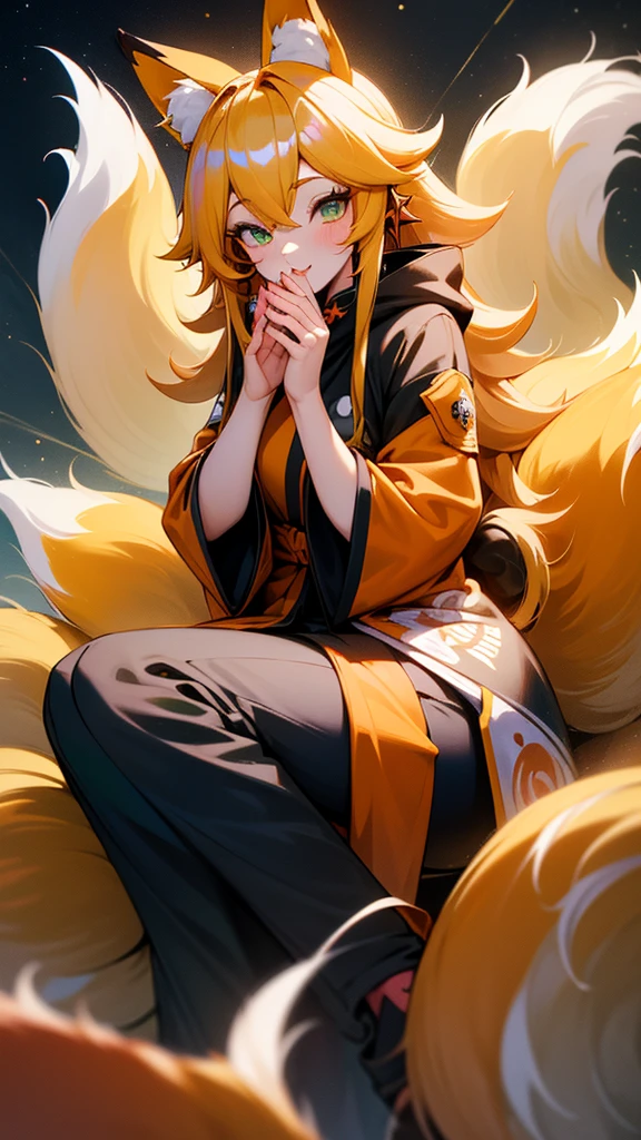 ((1girl, fox girl, kitsune girl, fox ears, animal ear fluff, fox tails, fluffy tails, large tails, nine tails, [tails attached to tailbone], kyuubi, kyuubi kitsune)), long hair, blonde hair, wavy hair, messy hair, (green eyes), green eyes, starry eyes, smile, light smile, parted lips, hoodie sweatshirt, cargo pants, modestly dressed, pants fully cover legs, cute, beautiful, athletic, starry eyed, loving, light blush, clean fingers, well-formed fingers, high detail, romanticism, film lighting, ray tracing, motion rye, uhd, high detail, top quality, 8k, sitting down, safe for work
