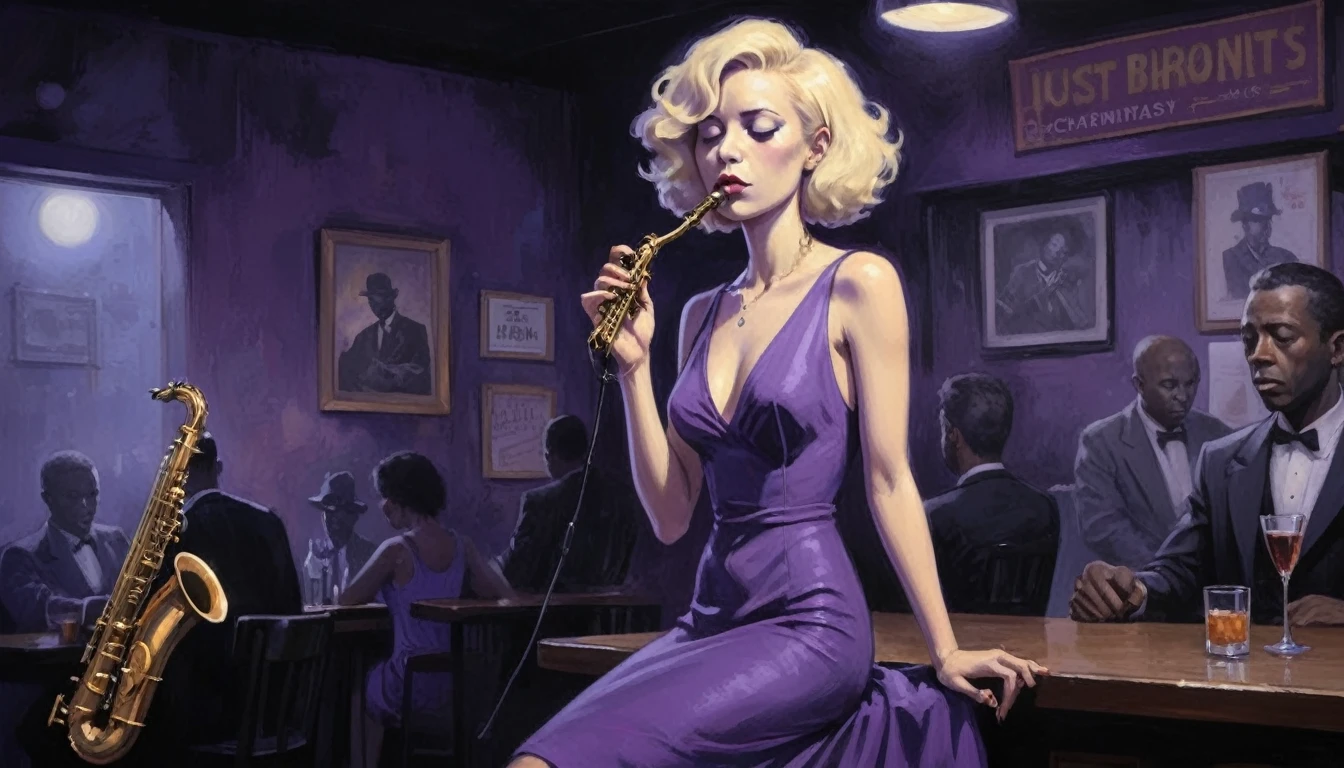 robert johnson, gritty, alabama bar, blue note, charismatic , purple dress, illustration, noir fantasy, lone blonde lady, sad ending, saxophonist