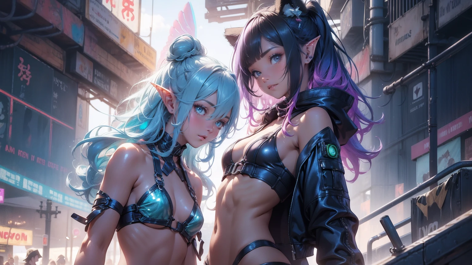 2 beautiful elves, girl, 20 years old, space buns, cat ears, naked, nude, extreme abs, cute face, crazy hair, colored hair, yellow eyes, deep fashion, cyberspace, surreal, virtual reality, video game, crazy colors, ribbons, leather belts, weird perspective, dramatic light, cyber technology temple, cute face, unique face, 3 girls, long hair, extreme abs, naked, alien planet, alien girls, naked, serene, peaceful, sunset beach, playing,two beautiful girls, naked, cyberpunk beach, faerie wings, futuristic, cute face, neon colored hair, drow elves, space theme, cyberpunk theme, extreme abs, transparent jacket, completely naked, unique face, giant octopus tentacles touching and cuddling, beautiful, beach,neeko from league of legends, cute face, beautiful, natural settingdigital circuitry beautiful girl elf, gold colors on black, city, cyber city, cityscape, cute face, unique face, light blue neon hair, long hair, shades of blue and green, deity, God, halo, jewels, angel wings, ethereal, surreal, misty,2 beautiful girls,