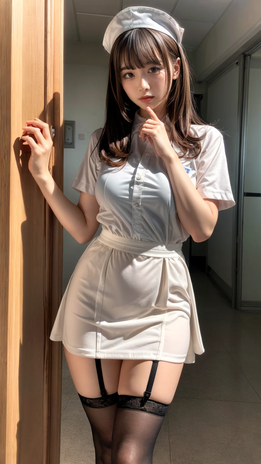 muste piece, best quality, illustration, Super detailed, fine details, High resolution, 8K,wall paper, perfect dynamic composition,(Details High quality, realistic depiction of eyes:1.3), hort hair, (wavy hair:1.2), Hospital Rooms、White nurse cap、White tights、White nurse uniform、to stand、Hand skirt、Flipping up a white skirt, large breasts, black hair color, Big Natural Color Lip, bold sexy pose, crying a little、cold gaze, Harajuku style、20 year old girl、cute type、lolita、beautiful legs, hposing Gravure Idol