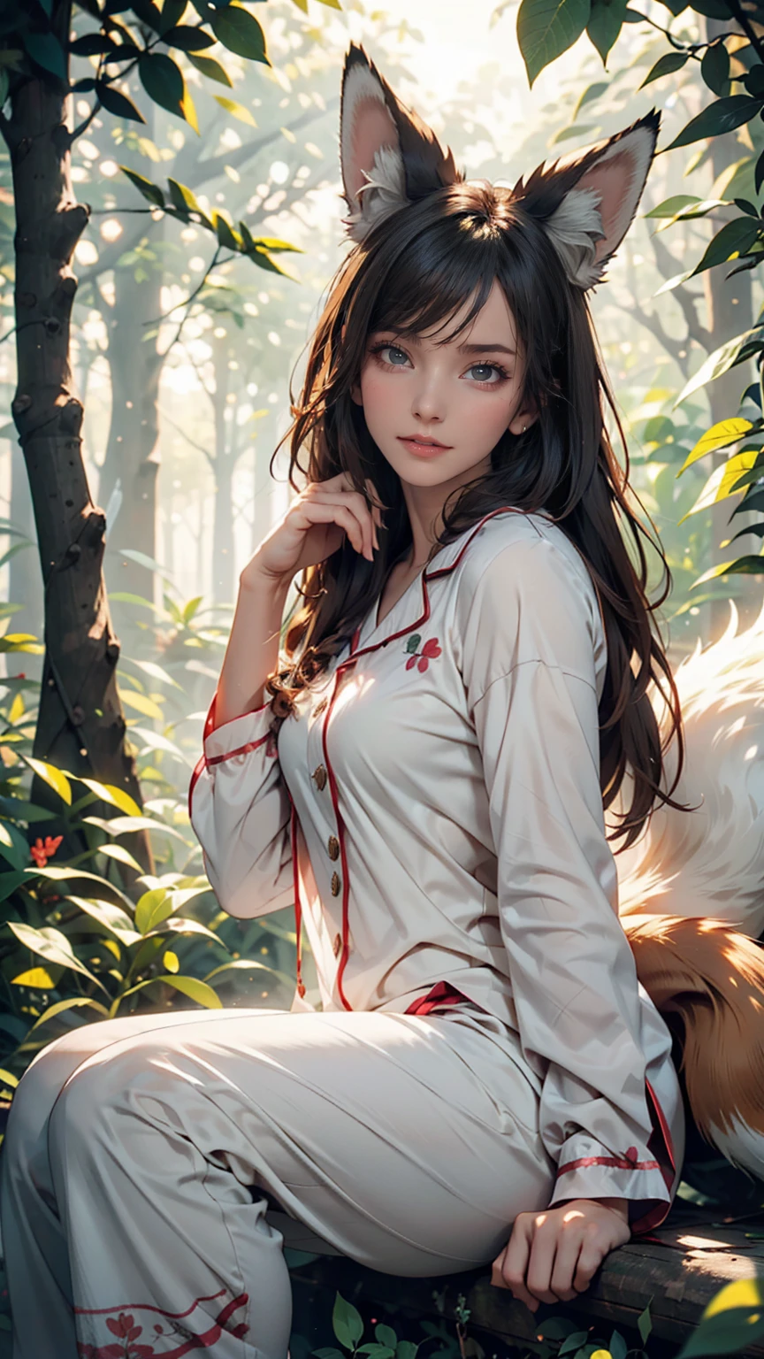 Professional, high-quality photos, 4K resolution, Realistically detailed image of an attractive girl in fluffy white pajamas with fox ears and a fox tail. She is sitting in the middle of a magical forest, Every element is perfectly expressed. The texture of pajamas, The ears and tail are sharp、palpable. The sunlight falls on the leaves、The girl&#39;s face is gently illuminated, Highlights delicate and attractive facial expressions  