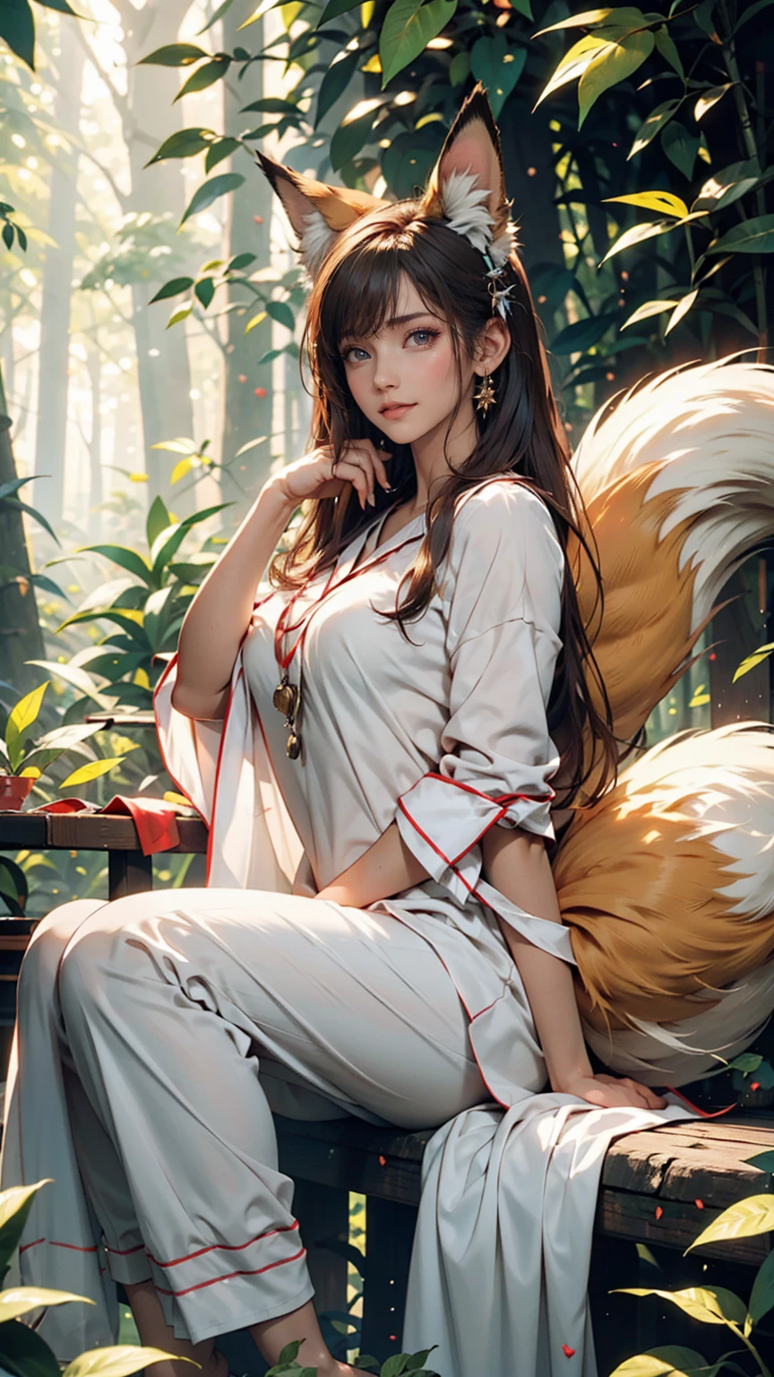Professional, high-quality photos, 4K resolution, Realistically detailed image of an attractive girl in fluffy white pajamas with fox ears and a fox tail. She is sitting in the middle of a magical forest, Every element is perfectly expressed. The texture of pajamas, The ears and tail are sharp、palpable. The sunlight falls on the leaves、The girl&#39;s face is gently illuminated, Highlights delicate and attractive facial expressions  