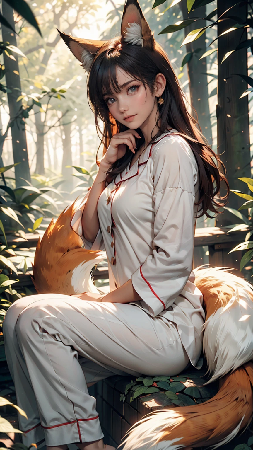 Professional, high-quality photos, 4K resolution, Realistically detailed image of an attractive girl in fluffy white pajamas with fox ears and a fox tail. She is sitting in the middle of a magical forest, Every element is perfectly expressed. The texture of pajamas, The ears and tail are sharp、palpable. The sunlight falls on the leaves、The girl&#39;s face is gently illuminated, Highlights delicate and attractive facial expressions  