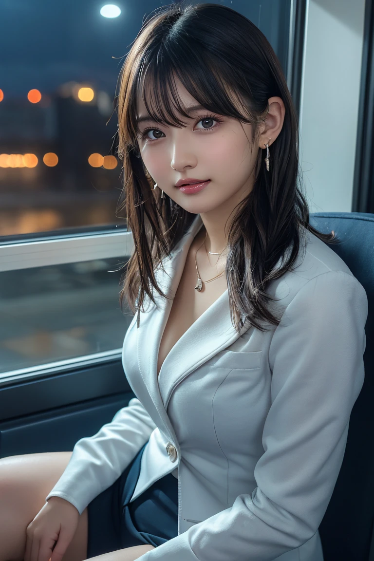 ((Upper Body))、(masterpiece:1.3), High resolution, Very detailed, Highly detailed CG Unity 8K wallpapers, Realistic, photo-Realistic, RAW Photos, Beautifully detailed face, Pale skin, Realistic glistening skin, Detailed cloth texture, Detailed hair texture, Perfect Style, Beautiful Face, Accurate, Anatomically correct, Very detailed顔と肌の質感, fine grain, Brown eyes, double eyelid, Thin eyebrows, (Droopy eyes:0.65), (Glitter Eyeliner:1.2), Natural Cheeks, Glowing Skin, (Fair skin:1.2), Shiny necklace and earrings, (Glossy Lips: 1.4), 
break
 (Classy and cute girl:1.3), (High ponytail hairstyles, Wavy Hair, Dark brown hair), (Captivating smile:1.2) (Wear an elegant business suit:1.3), (Black Stockings), Medium large breasts, 
break
 ((Cowboy Shot:1.2)), (Cross-legged sitting pose:1.4), At the train door, ((Night city view:1.2)),