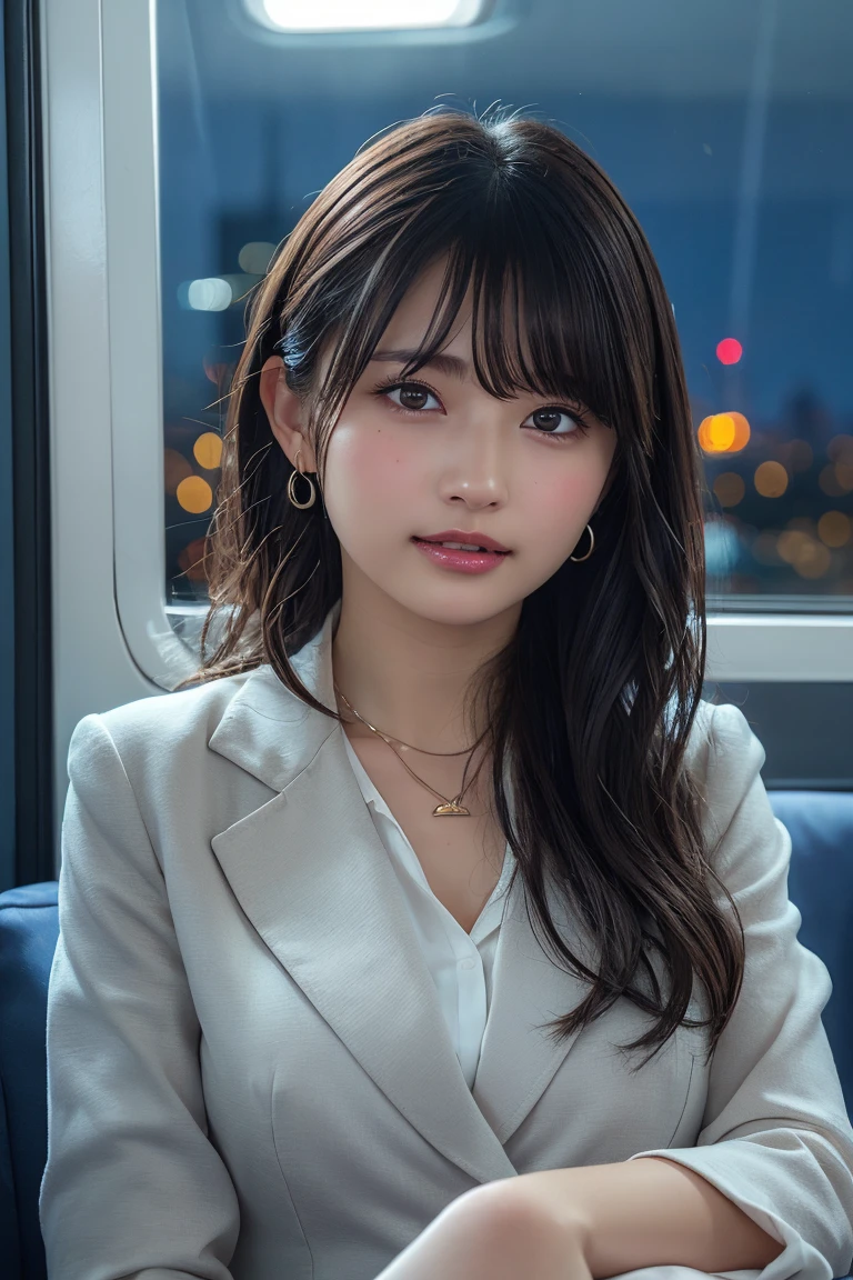 ((Upper Body))、(masterpiece:1.3), High resolution, Very detailed, Highly detailed CG Unity 8K wallpapers, Realistic, photo-Realistic, RAW Photos, Beautifully detailed face, Pale skin, Realistic glistening skin, Detailed cloth texture, Detailed hair texture, Perfect Style, Beautiful Face, Accurate, Anatomically correct, Very detailed顔と肌の質感, fine grain, Brown eyes, double eyelid, Thin eyebrows, (Droopy eyes:0.65), (Glitter Eyeliner:1.2), Natural Cheeks, Glowing Skin, (Fair skin:1.2), Shiny necklace and earrings, (Glossy Lips: 1.4), 
break
 (Classy and cute girl:1.3), (High ponytail hairstyles, Wavy Hair, Dark brown hair), (Captivating smile:1.2) (Wear an elegant business suit:1.3), (Black Stockings), Medium large breasts, 
break
 ((Cowboy Shot:1.2)), (Cross-legged sitting pose:1.4), At the train door, ((Night city view:1.2)),
