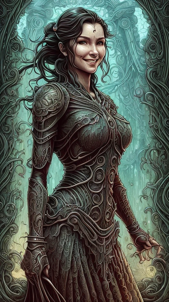 Front view one head, Long Dress (the A smiling girl of unknown beauty with wet hair strict office hairstyle and charming makeup:1.1) art, symmetrical artistic sharp art, (dan mumford style:1.1), hdr, realism, strong lines, dark fantasy atmosphere, lovecraft style, (JimJorCrafLogo art style:1.3)