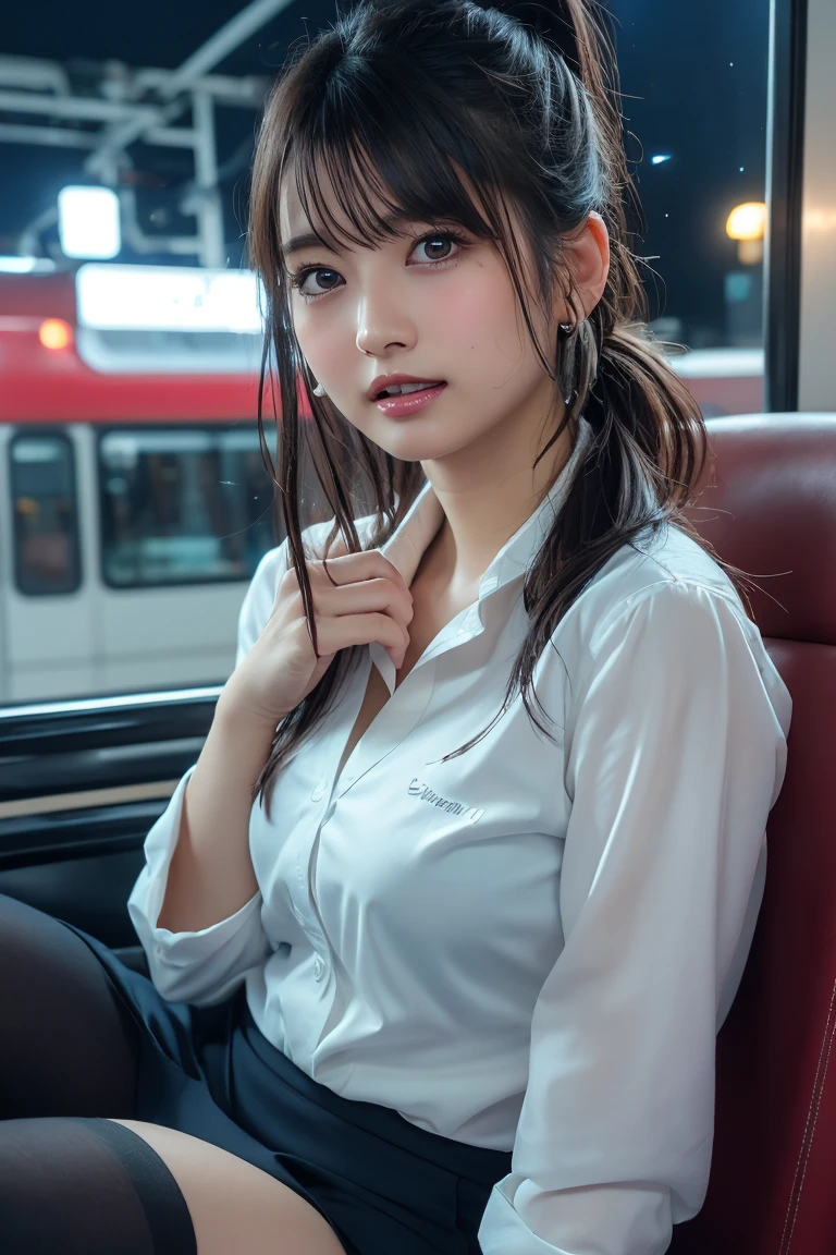 ((Upper Body))、(masterpiece:1.3), High resolution, Very detailed, Highly detailed CG Unity 8K wallpapers, Realistic, photo-Realistic, RAW Photos, Beautifully detailed face, Pale skin, Realistic glistening skin, Detailed cloth texture, Detailed hair texture, Perfect Style, Beautiful Face, Accurate, Anatomically correct, Very detailed顔と肌の質感, fine grain, Brown eyes, double eyelid, Thin eyebrows, (Droopy eyes:0.65), (Glitter Eyeliner:1.2), Natural Cheeks, Glowing Skin, (Fair skin:1.2), Shiny necklace and earrings, (Glossy Lips: 1.4), 
break
 (Classy and cute girl:1.3), (High ponytail hairstyles, Wavy Hair, Dark brown hair), (Captivating smile:1.2) (Wear an elegant business suit:1.3), (Black Stockings), Medium large breasts, 
break
 ((Cowboy Shot:1.2)), (Cross-legged sitting pose:1.4), At the train door, ((Night city view:1.2)),