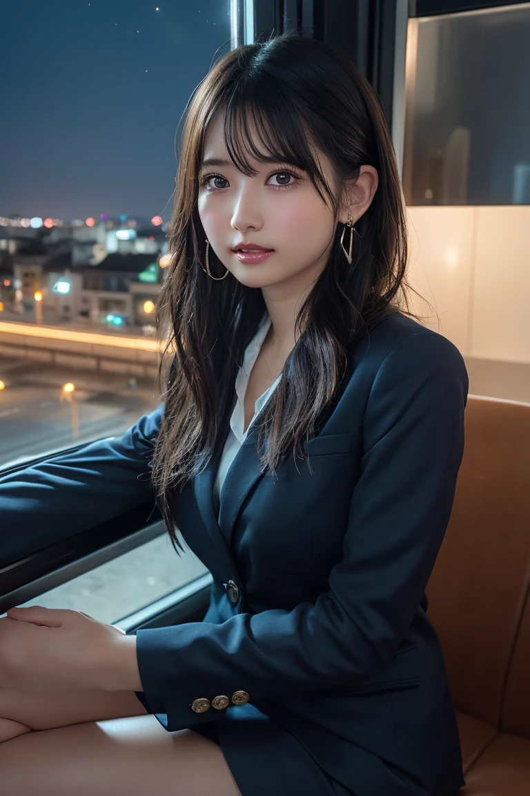 ((Upper Body))、(masterpiece:1.3), High resolution, Very detailed, Highly detailed CG Unity 8K wallpapers, Realistic, photo-Realistic, RAW Photos, Beautifully detailed face, Pale skin, Realistic glistening skin, Detailed cloth texture, Detailed hair texture, Perfect Style, Beautiful Face, Accurate, Anatomically correct, Very detailed顔と肌の質感, fine grain, Brown eyes, double eyelid, Thin eyebrows, (Droopy eyes:0.65), (Glitter Eyeliner:1.2), Natural Cheeks, Glowing Skin, (Fair skin:1.2), Shiny necklace and earrings, (Glossy Lips: 1.4),
break
(Classy and cute girl:1.3), (High ponytail hairstyles, Wavy Hair, Dark brown hair), (Captivating smile:1.2) (Wear an elegant business suit:1.3), (Black Stockings), Medium large breasts,
break
((Cowboy Shot:1.2)), (Cross-legged sitting pose:1.4), At the train door, ((Night city view:1.2)),