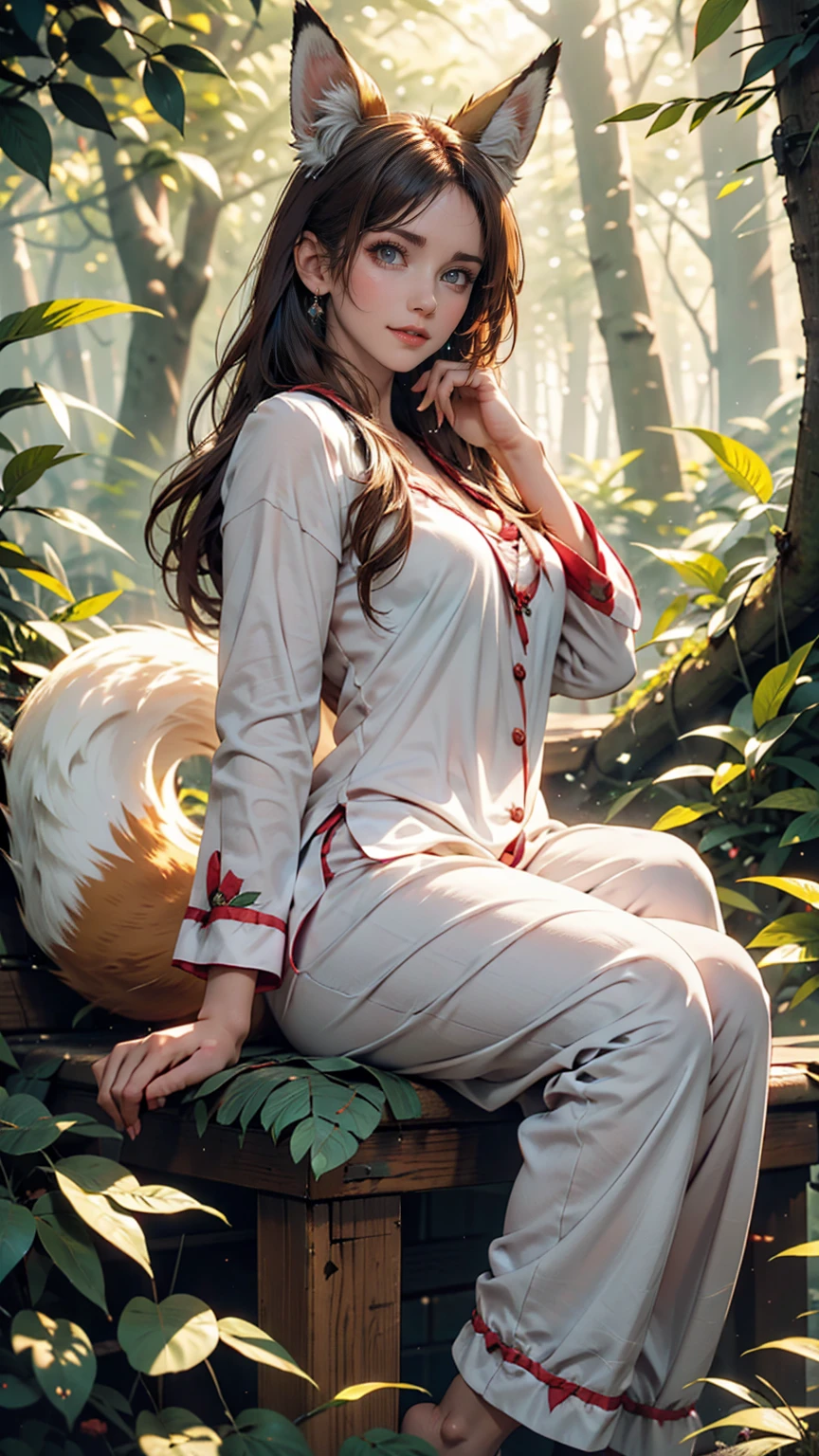 Professional, high-quality photos, 4K resolution, Realistically detailed image of an attractive girl in fluffy white pajamas with fox ears and a fox tail. She is sitting in the middle of a magical forest, Every element is perfectly expressed. The texture of pajamas, The ears and tail are sharp、palpable. The sunlight falls on the leaves、The girl's face is gently illuminated, Highlights delicate and attractive facial expressions