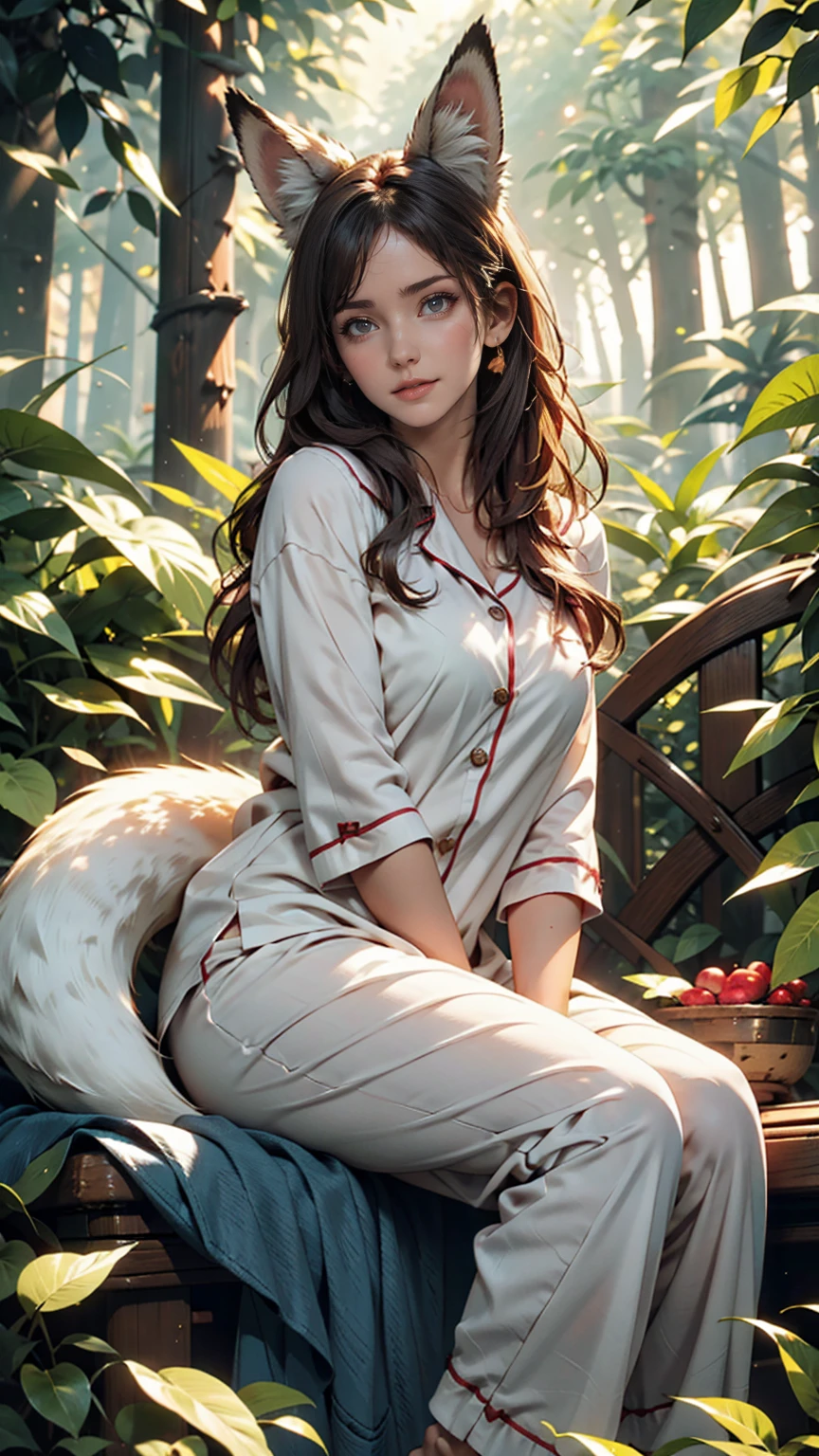 Professional, high-quality photos, 4K resolution, Realistically detailed image of an attractive girl in fluffy white pajamas with fox ears and a fox tail. She is sitting in the middle of a magical forest, Every element is perfectly expressed. The texture of pajamas, The ears and tail are sharp、palpable. The sunlight falls on the leaves、The girl&#39;s face is gently illuminated, Highlights delicate and attractive facial expressions  