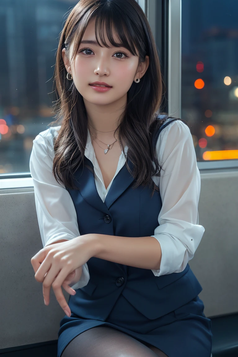 ((Upper Body))、(masterpiece:1.3), High resolution, Very detailed, Highly detailed CG Unity 8K wallpapers, Realistic, photo-Realistic, RAW Photos, Beautifully detailed face, Pale skin, Realistic glistening skin, Detailed cloth texture, Detailed hair texture, Perfect Style, Beautiful Face, Accurate, Anatomically correct, Very detailed顔と肌の質感, fine grain, Brown eyes, double eyelid, Thin eyebrows, (Droopy eyes:0.65), (Glitter Eyeliner:1.2), Natural Cheeks, Glowing Skin, (Fair skin:1.2), Shiny necklace and earrings, (Glossy Lips: 1.4),
break
(Classy and cute girl:1.3), (High ponytail hairstyles, Wavy Hair, Dark brown hair), (Captivating smile:1.2) (Wear an elegant business suit:1.3), (Black Stockings), Medium large breasts,
break
((Cowboy Shot:1.2)), (Cross-legged sitting pose:1.4), At the train door, ((Night city view:1.2)),
