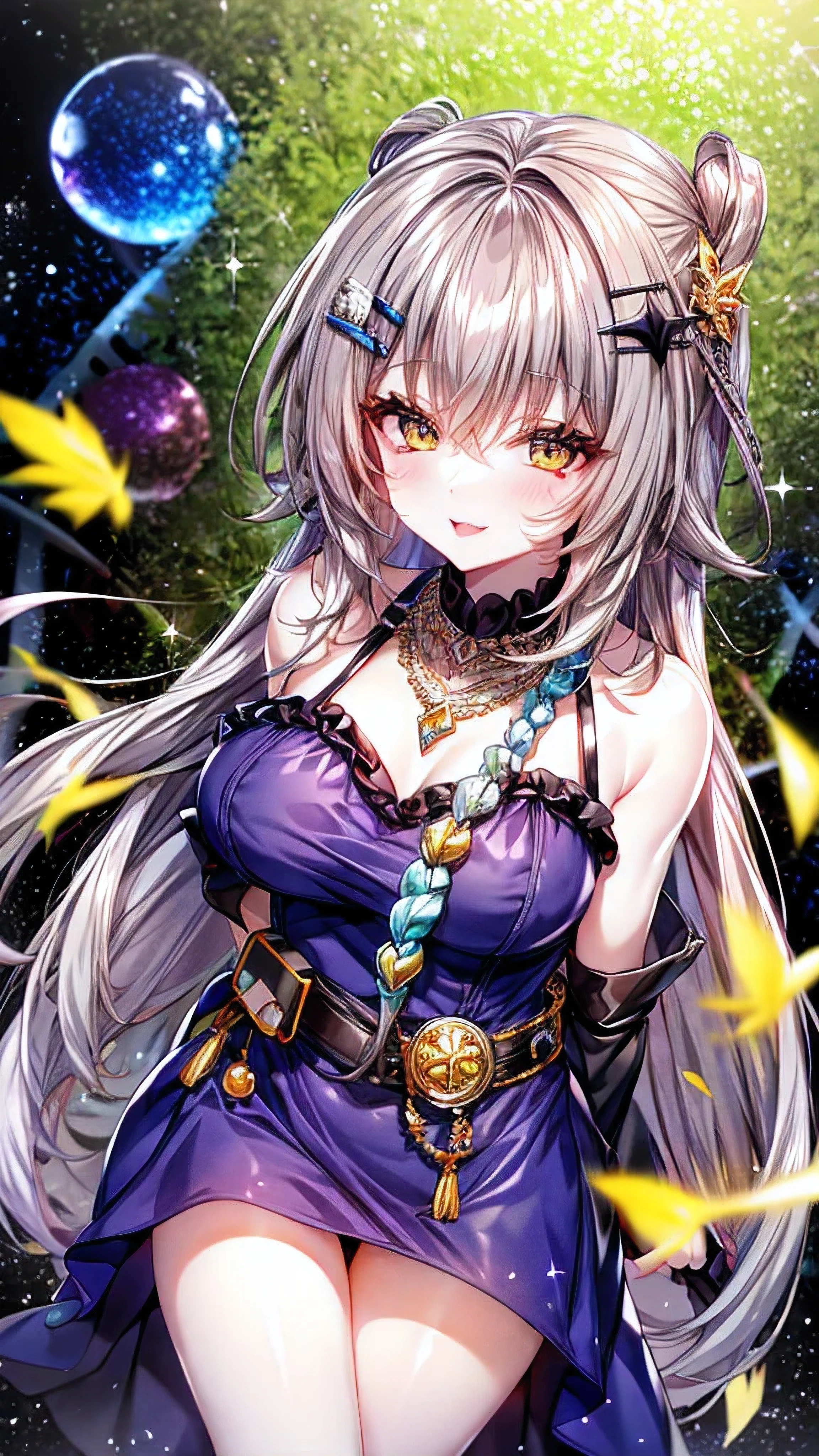 (8k, Highest quality, masterpiece: 1.3),Ultra-high resolution,1 girl, alone, whole body ,Highly detailed face, eye, (Silver-gray hair), thin hair clip, Cyan Color Shift Eyes, Expressive eyes, Ecstatic expression, Bohemian style, cotton, linen,orange, brown, Beaded Necklaces, fringe, Magic Cave, green, purple, Money, dark, Magical Glitter