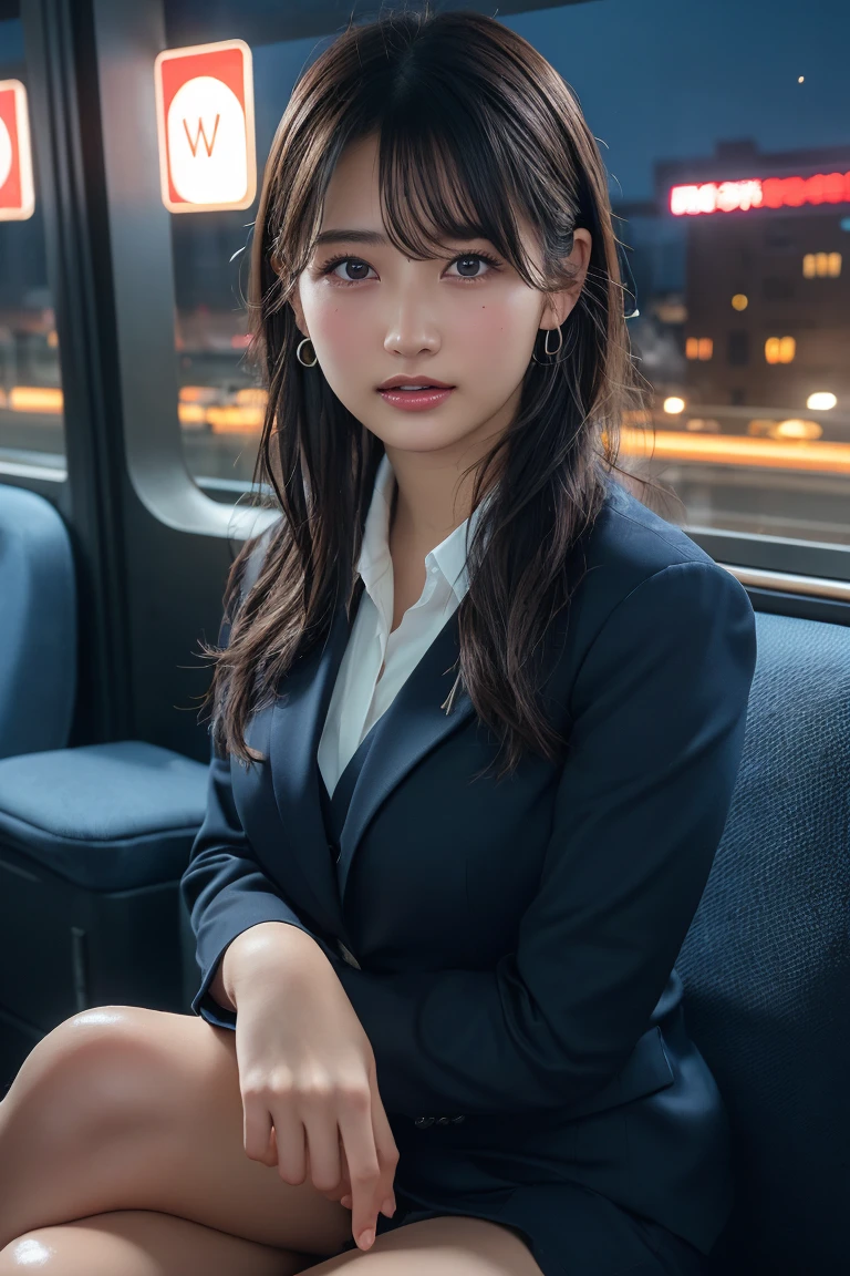 ((Upper Body))、(masterpiece:1.3), High resolution, Very detailed, Highly detailed CG Unity 8K wallpapers, Realistic, photo-Realistic, RAW Photos, Beautifully detailed face, Pale skin, Realistic glistening skin, Detailed cloth texture, Detailed hair texture, Perfect Style, Beautiful Face, Accurate, Anatomically correct, Very detailed顔と肌の質感, fine grain, Brown eyes, double eyelid, Thin eyebrows, (Droopy eyes:0.65), (Glitter Eyeliner:1.2), Natural Cheeks, Glowing Skin, (Fair skin:1.2), Shiny necklace and earrings, (Glossy Lips: 1.4),
break
(Classy and cute girl:1.3), (High ponytail hairstyles, Wavy Hair, Dark brown hair), (Captivating smile:1.2) (Wear an elegant business suit:1.3), (Black Stockings), Medium large breasts,
break
((Cowboy Shot:1.2)), (Cross-legged sitting pose:1.4), At the train door, ((Night city view:1.2)),