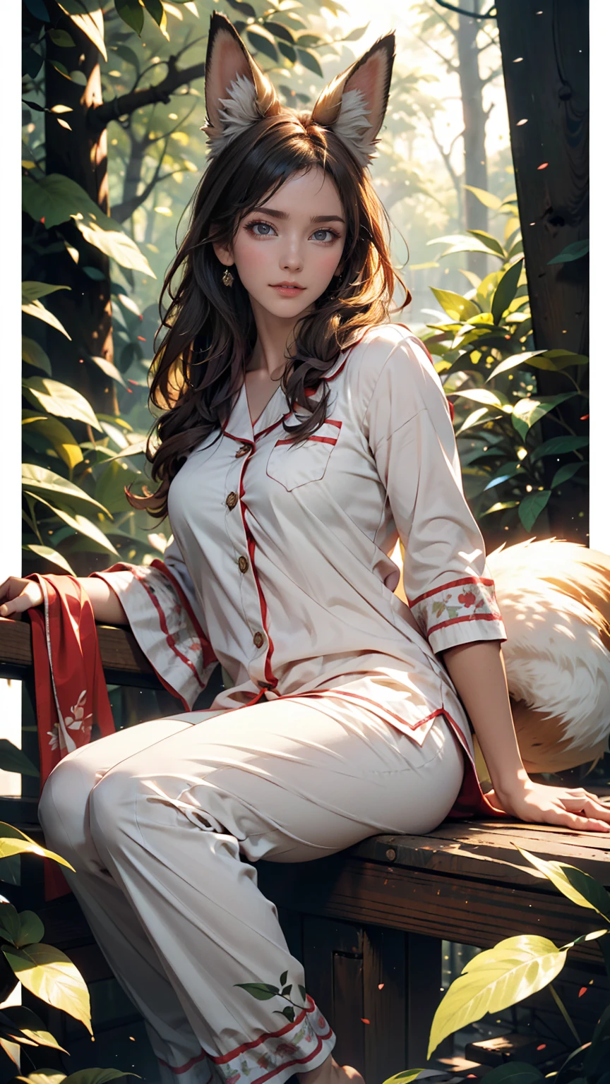 Professional, high-quality photos, 4K resolution, Realistically detailed image of an attractive girl in fluffy white pajamas with fox ears and a fox tail. She is sitting in the middle of a magical forest, Every element is perfectly expressed. The texture of pajamas, The ears and tail are sharp、palpable. The sunlight falls on the leaves、The girl's face is gently illuminated, Highlights delicate and attractive facial expressions