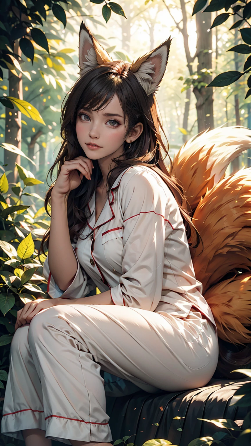 Professional, high-quality photos, 4K resolution, Realistically detailed image of an attractive girl in fluffy white pajamas with fox ears and a fox tail. She is sitting in the middle of a magical forest, Every element is perfectly expressed. The texture of pajamas, The ears and tail are sharp、palpable. The sunlight falls on the leaves、The girl's face is gently illuminated, Highlights delicate and attractive facial expressions