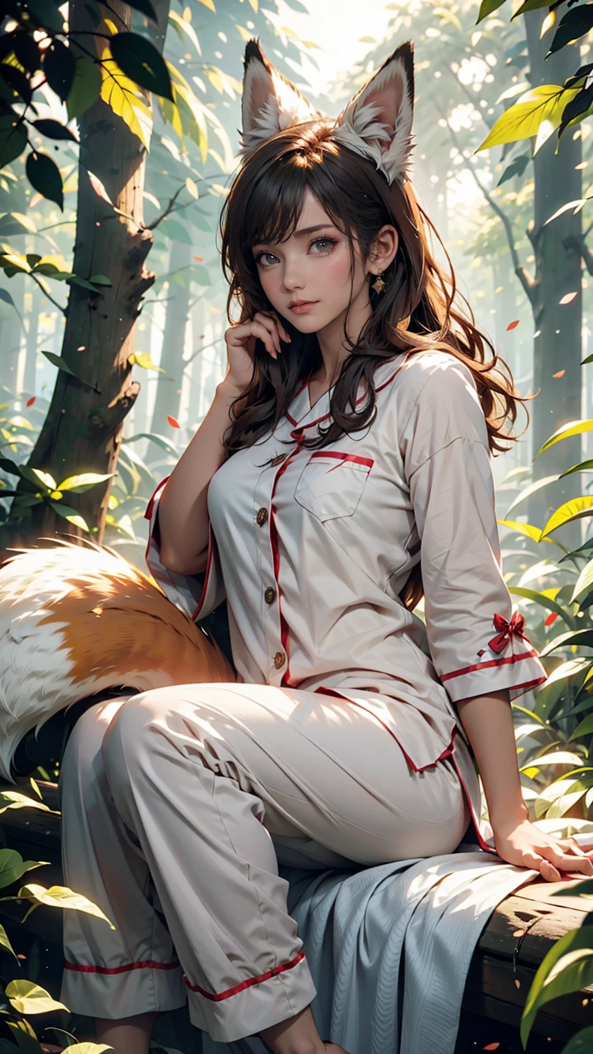 Professional, high-quality photos, 4K resolution, Realistically detailed image of an attractive girl in fluffy white pajamas with fox ears and a fox tail. She is sitting in the middle of a magical forest, Every element is perfectly expressed. The texture of pajamas, The ears and tail are sharp、palpable. The sunlight falls on the leaves、The girl&#39;s face is gently illuminated, Highlights delicate and attractive facial expressions  