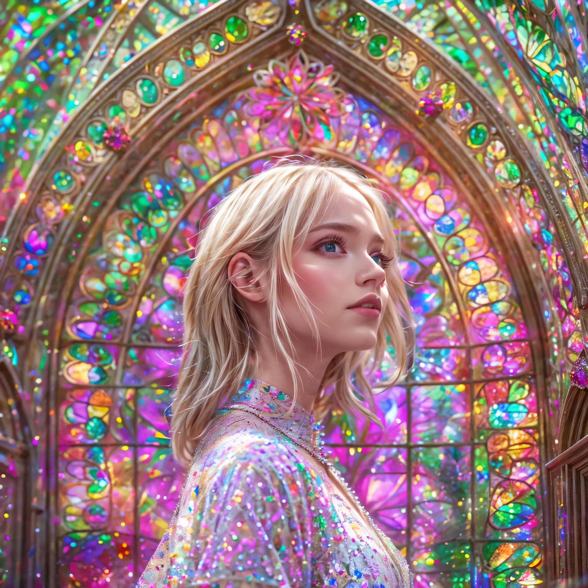(Cathedral from below:1.28) (BokeH ZoomLayer) TopQuality 8K masterpiece of ((Professional photo)), (((Clarisse de Cagliostro))) (Detailed White WeddingDresses), Chain, (CloseUp of (Extremely detailed (KAWAII face))) {((VeiledFace))|BlondeHair|(Elaborate BuleEyes)with(SparklingHighlights:1.28)}, The background is distant (((Elaborate stained glass))) Rainbow Glass, {(MysticSight)|EnchantingAtmosphere|Haze|(GodRays)|TyndallEffect}, Radiant PearlSkin with Transparency, (Exposed:0.64), BluB